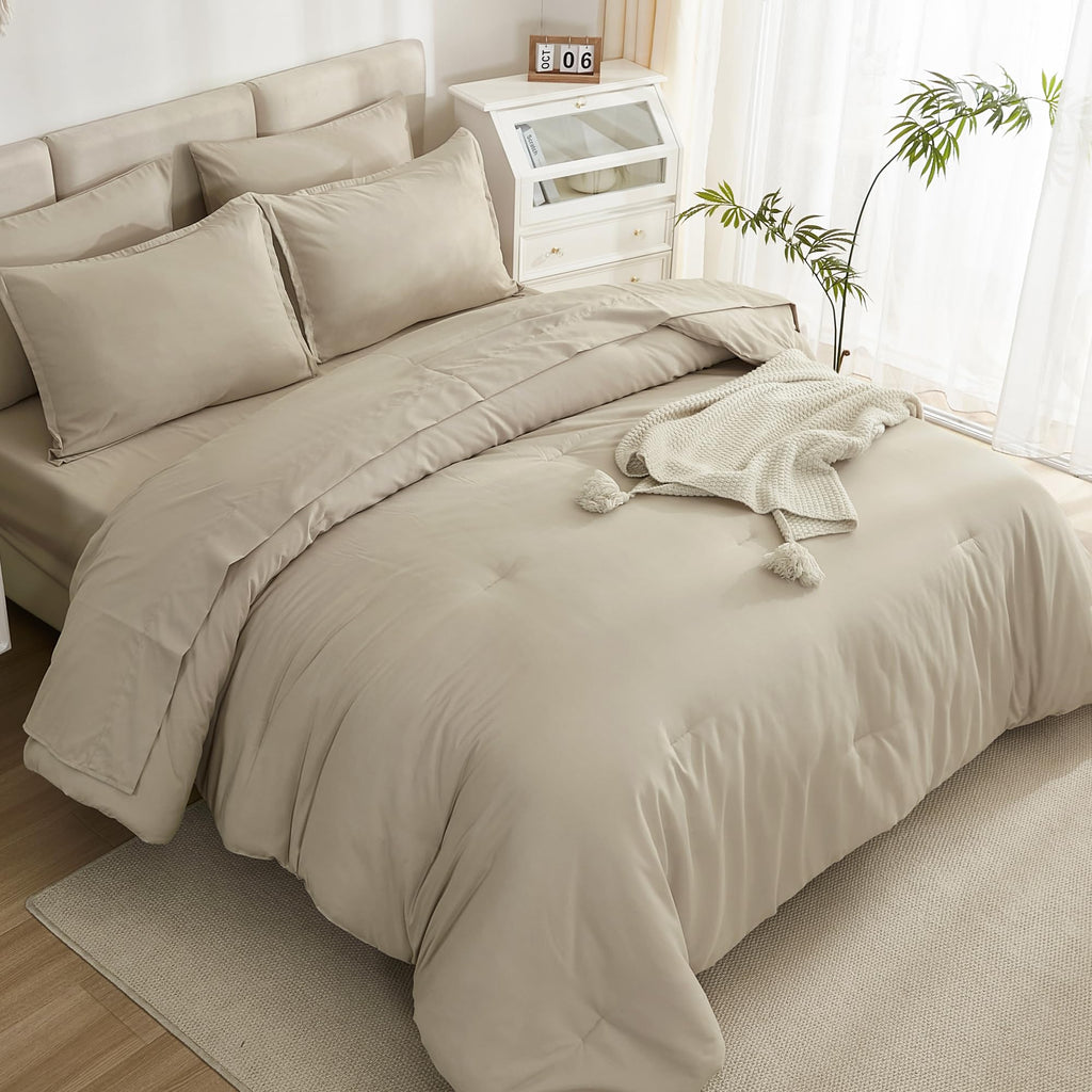 Litanika Comforter Queen Size Set Khaki - 7 Pieces Bed In A Bag Queen Beddding Comforter Sets, Plain Lightweight Bed Set With Co