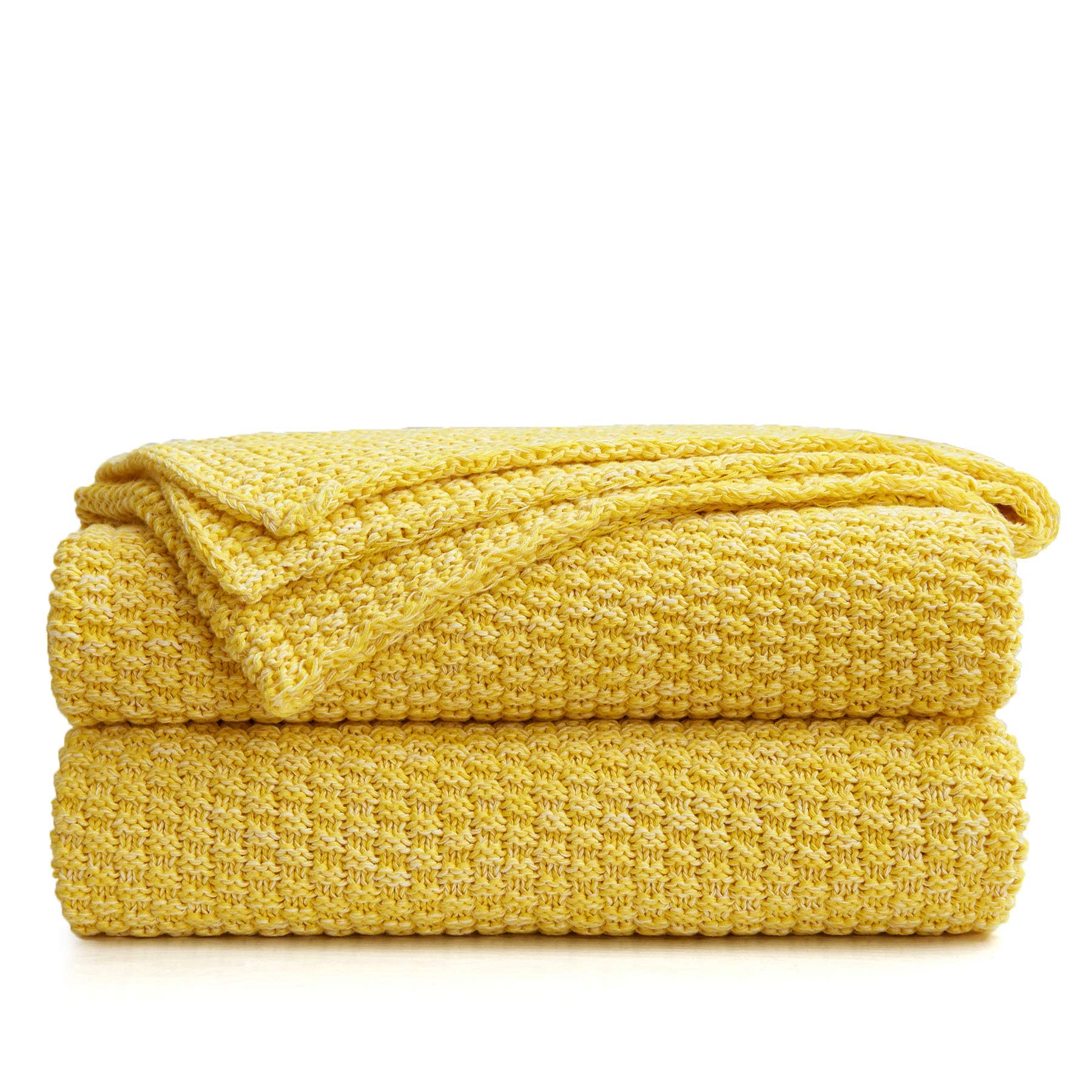 Longhui Bedding Yellow Knitted Throw Blanket For Couch Sofa Bed, Soft, Cozy Machine Washable 100% Cotton Sofa Cable Knit Blanket