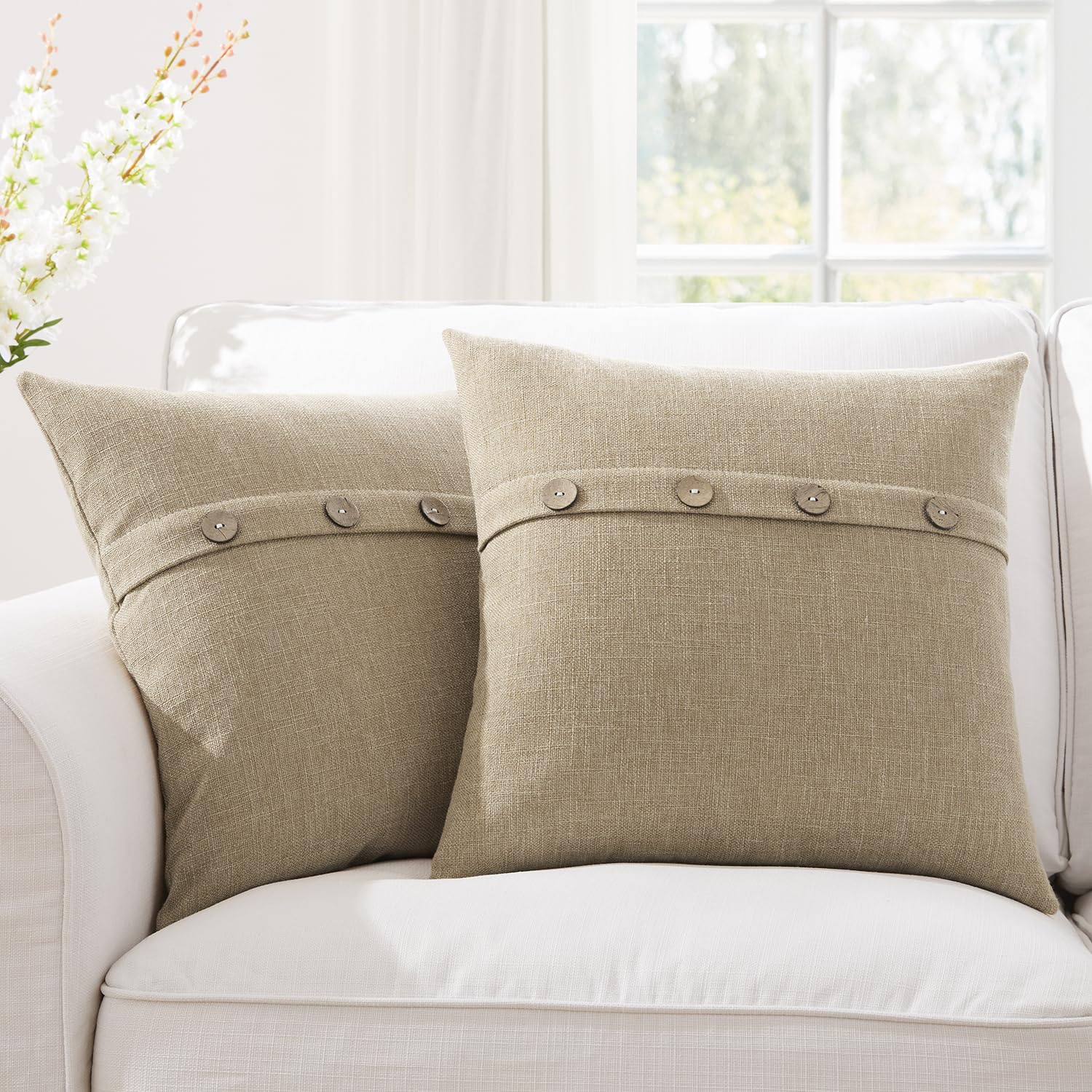 Meekio Set Of 2 Khaki Pillow Covers 18 X 18 Inches Farmhouse Pillow Covers With Coconut Buttons For Sofa Couch Living Room Bedro