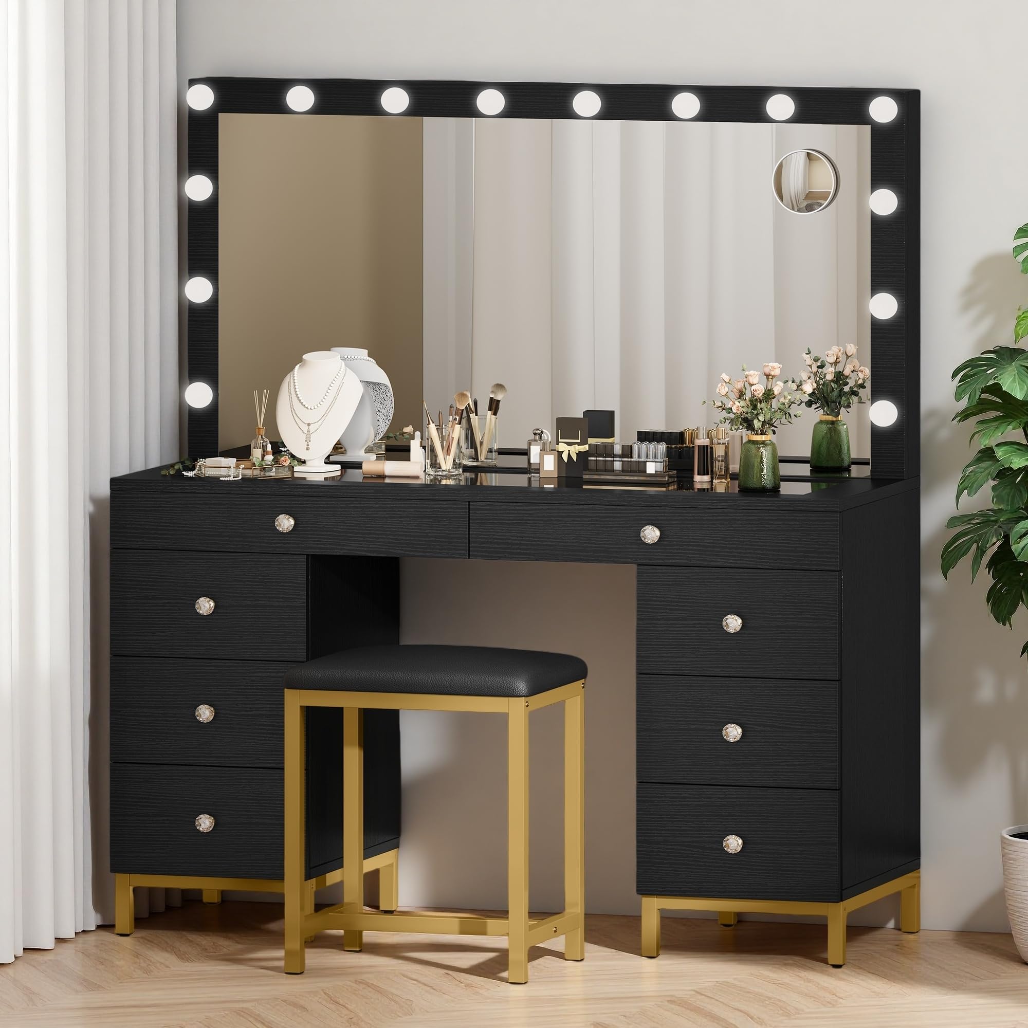 YITAHOME Vanity Desk Set with LED Lighted Mirror & Power Outlet, 14 Hollywood Bulbs Lighted 9 Drawers Makeup Vanities Dressing T