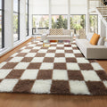 KICMOR Rugs for Living Room 8x10, Large Fluffy Fuzzy Brown and Cream White Checkered Shag Area Rug Shaggy Big Carpets for Bedroo