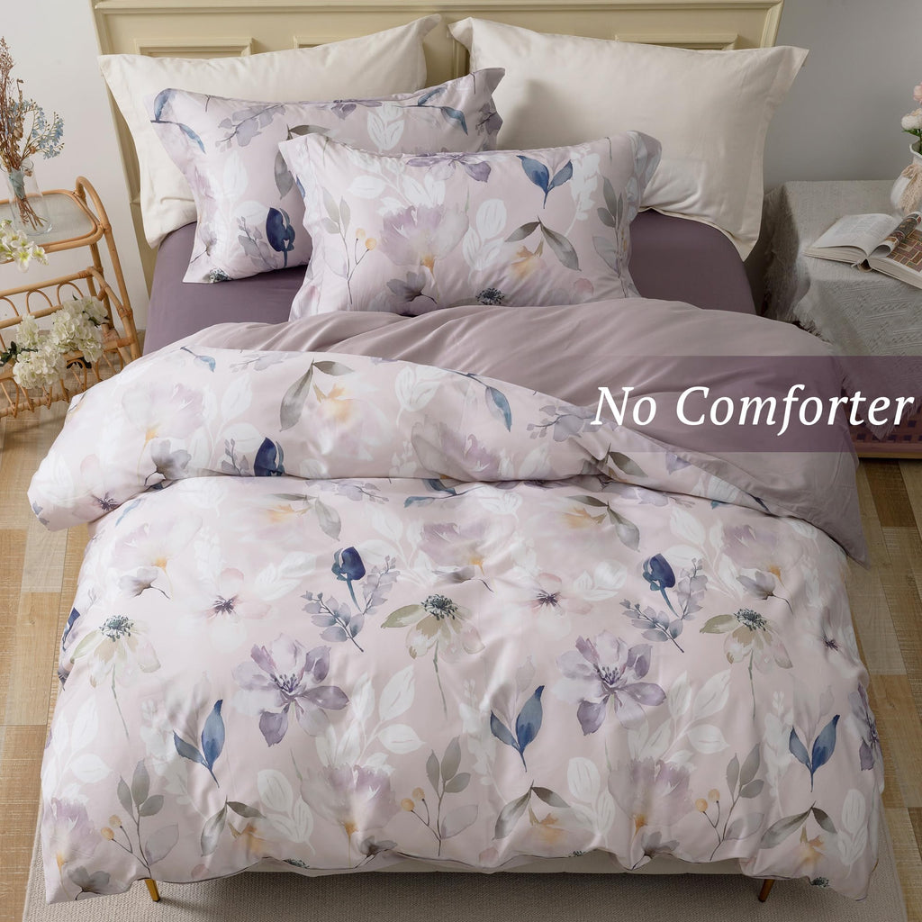 Mildly 100% Long-Staple Cotton Duvet Cover Set Light Gray Pink Floral Leaf Pattern Printed Comforter Cover 3Pcs, Ultra Soft & Br