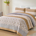 WONGS BEDDING Boho Quilt Set Queen, Brown Bohemian Striped Patchwork Summer Bedspread Coverlet Set with 2 Pillowcases,Lightweigh