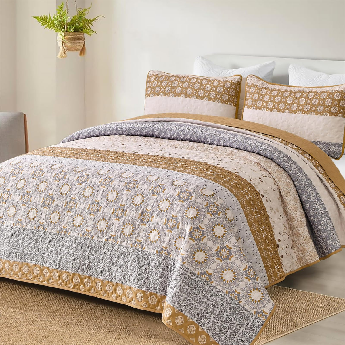 WONGS BEDDING Boho Quilt Set Queen, Brown Bohemian Striped Patchwork Summer Bedspread Coverlet Set with 2 Pillowcases,Lightweigh