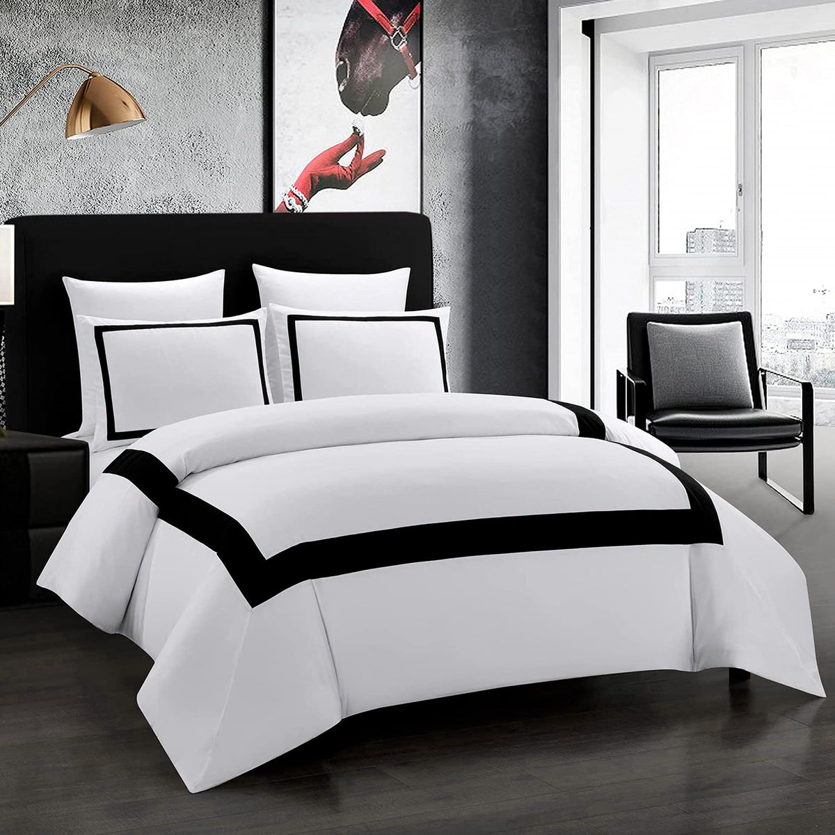 Osvino Hotel Duvet Cover Set Queen Size 3Pcs Microfiber Black Line Pattern Bedding Collection Ultra Soft Breathable Duvet Cover