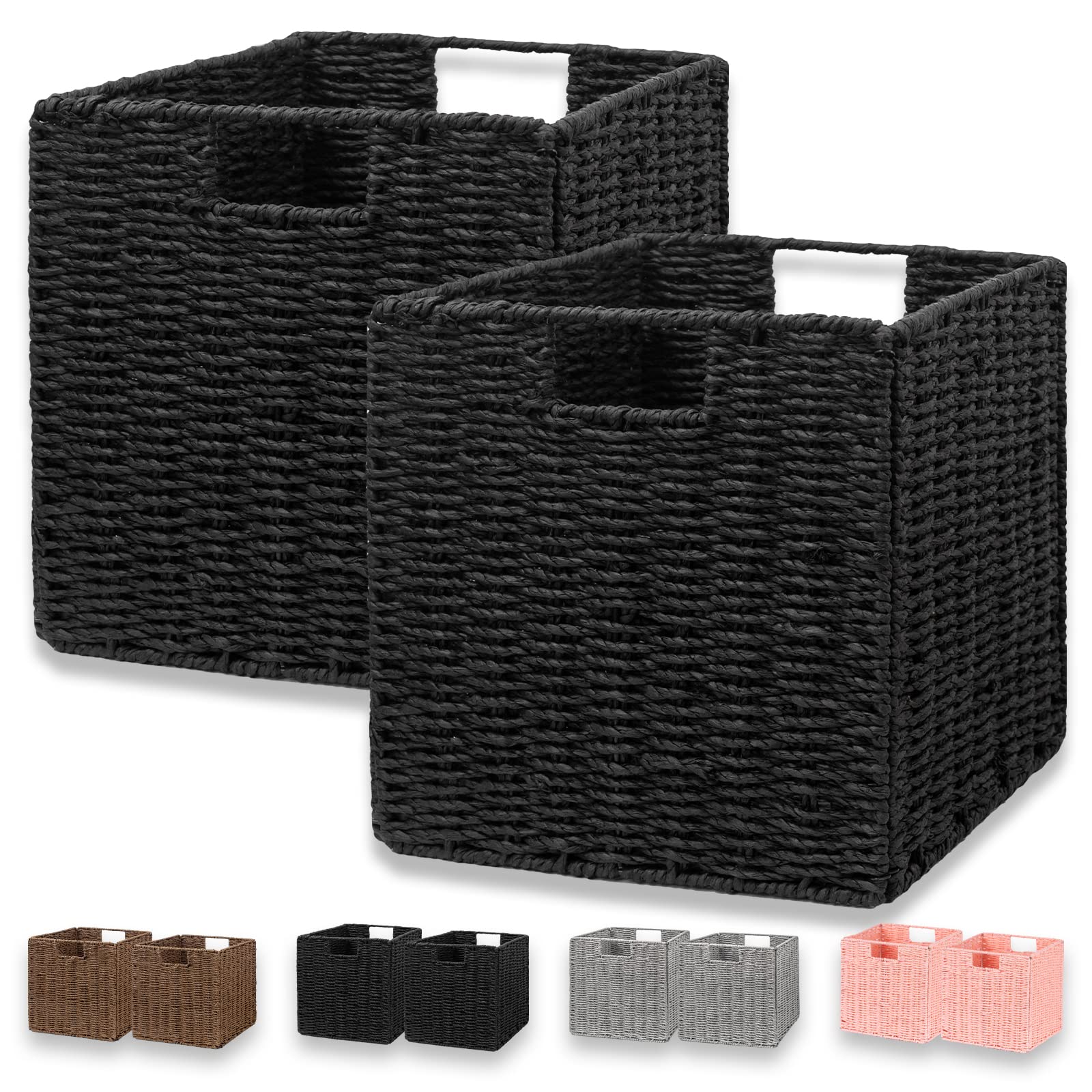 Vagusicc Storage Basket, Set of 2 Hand-Woven Paper Rope Wicker Baskets, Foldable Storage Bins, Large Wicker Storage Square Baske