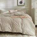 Jellymoni Cream Grey Duvet Cover Queen Size, 3Pcs Washed Microfiber Bedding Set, Soft Breathable Seersucker Duvet Cover Set With