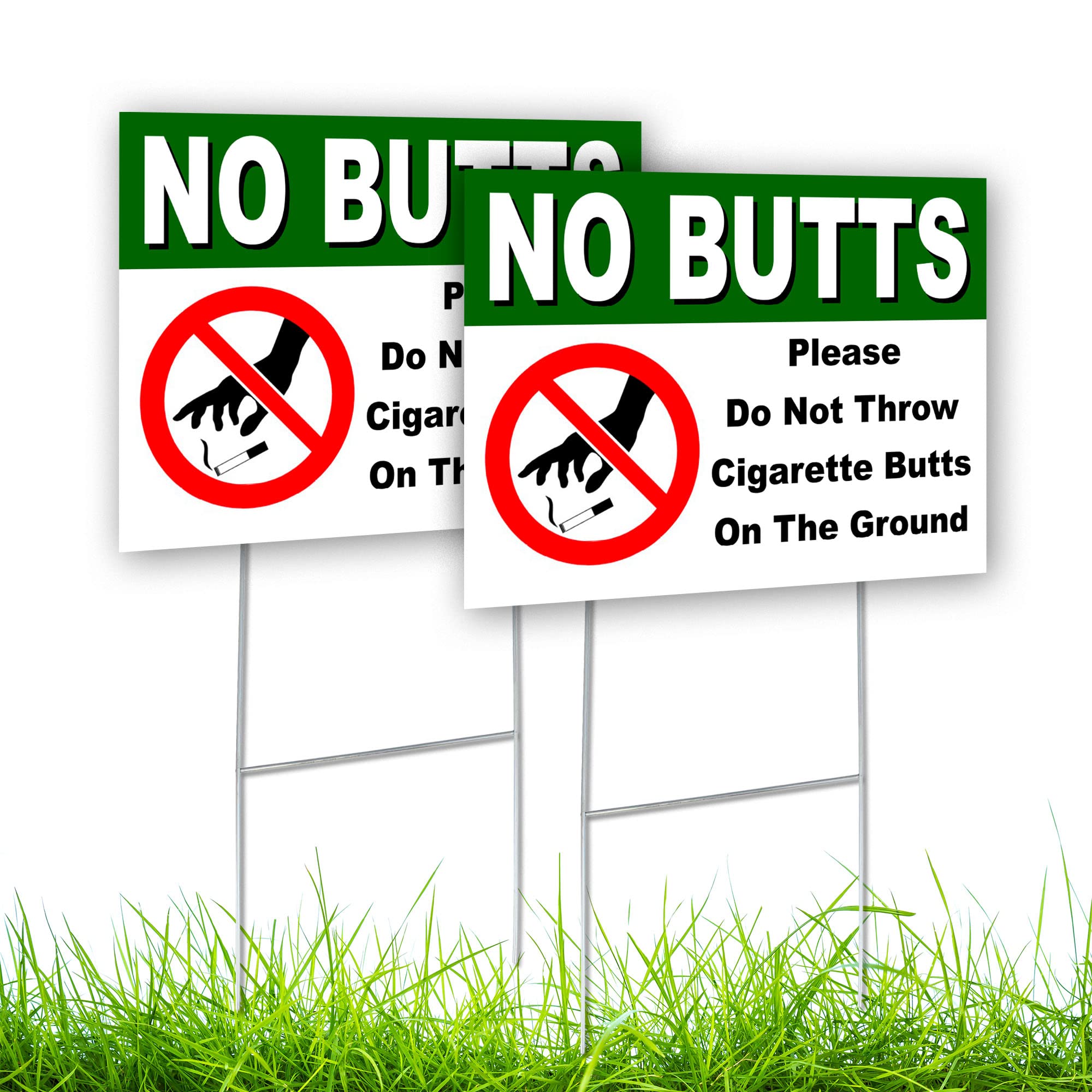 2 Pc No Cigarette Butts Signs - 12 X 9 Coroplast No Butts Signage With Stake - No Littering Sign Outdoor - Please Do Not Throw C