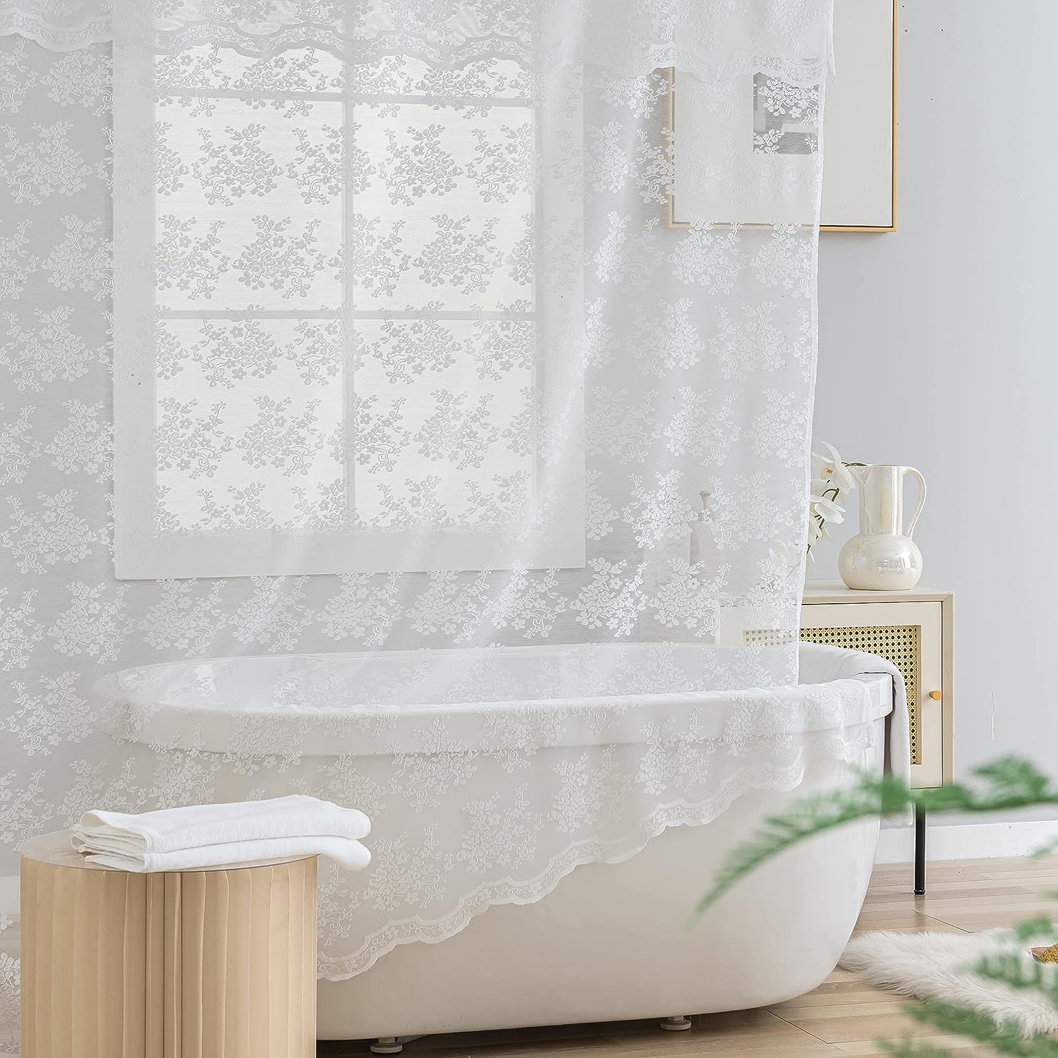 TUDECO Extra Long White Lace Shower Curtain with Attached Valance, 84 Inch Long Scalloped Edge Cottage Core Shower Curtain, 72 x
