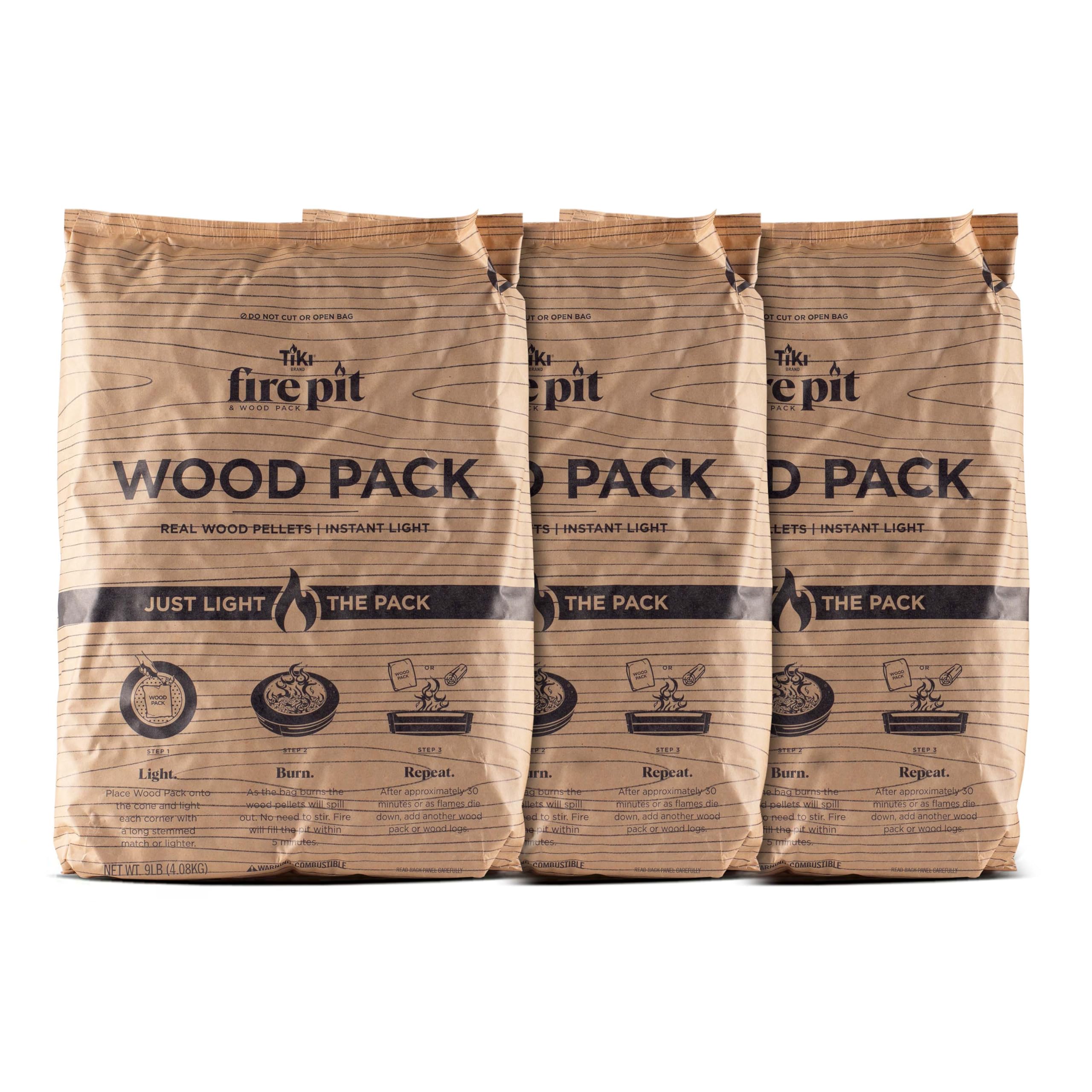 TIKI Wood Pack - 3-Pack Wood Pellets for Smokeless Fire Pits, Easy-to-Use Fire Pit Fuel for Outdoor Heating & Camping, 30+ Minut