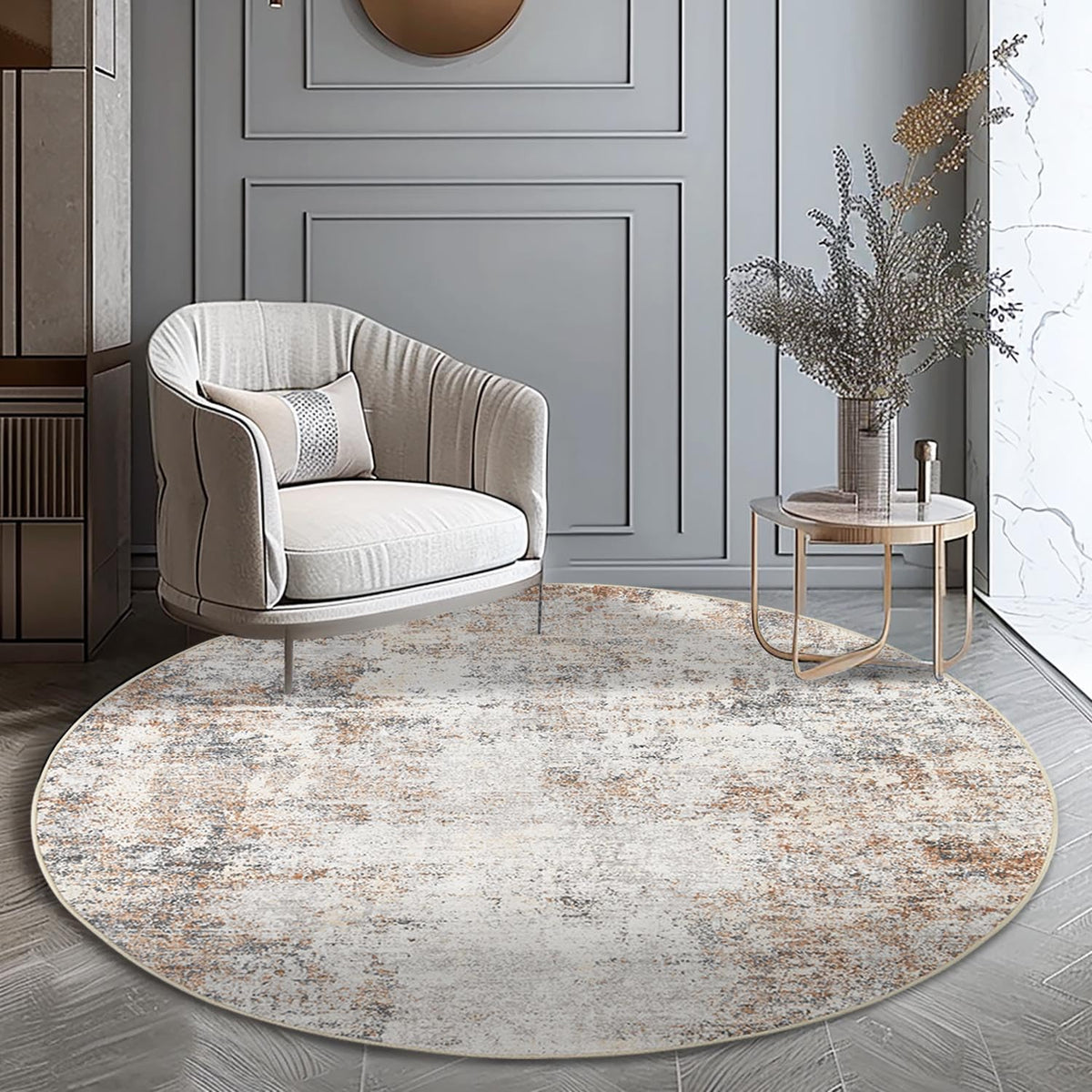 jinchan Round Rug 4ft Area Indoor Modern Circle Rug 4' Round Washable Thin Rug Abstract Distressed Floor Mat Taupe Multi Print N