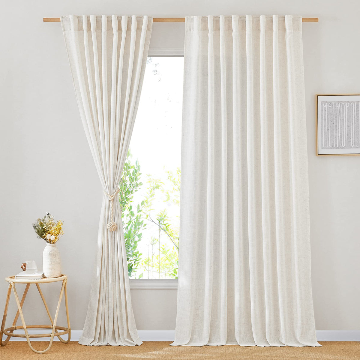 Nicetown Natural Linen Room Divider Curtains For Bedroom, Rod Pocket & Back Tab Flax Linen Burlap Semi Sheer Window Drapes Priva