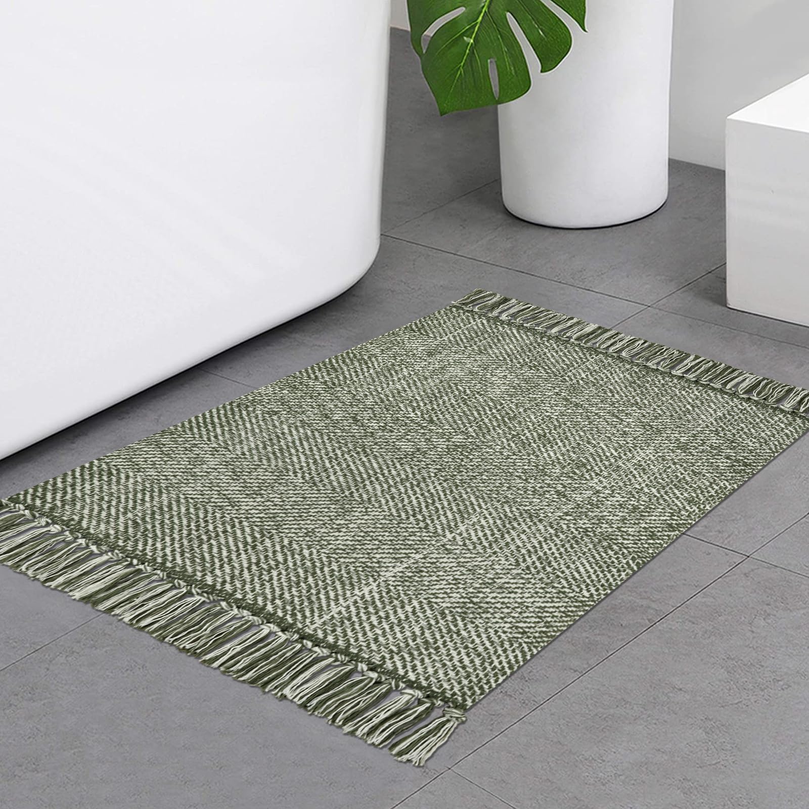 Collive Small Bathroom Rug, 2 x 3 Hand-Woven Low Profile Front Entryway Rug, Olive Green/Cream Cotton Reversible Washable Kitc