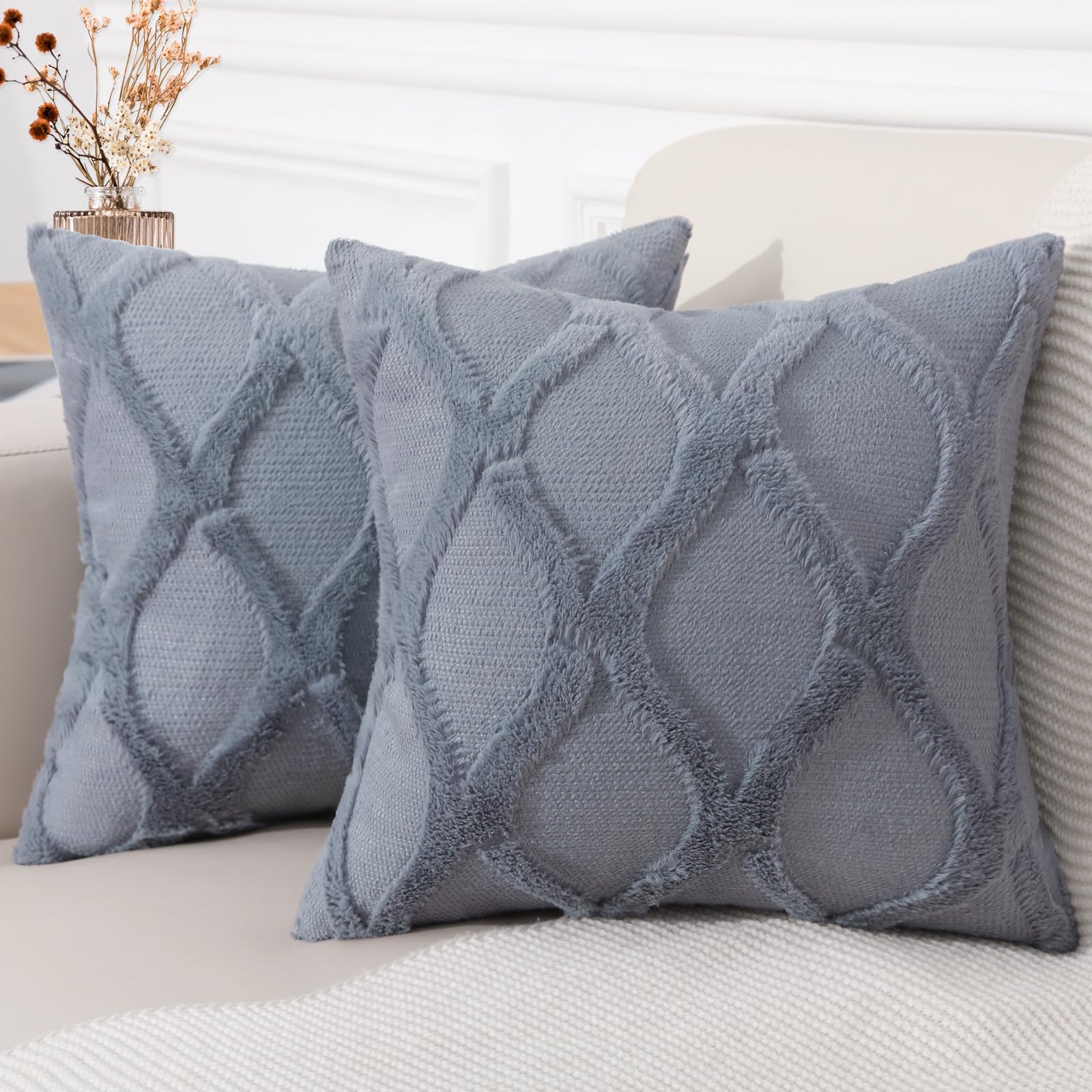 Decoruhome Throw Pillow Covers 22X22 Inch Set Of 2, Soft Plush Faux Fur Wool Blue Grey Couch Pillow Covers, Decorative Pillow Cases For Bed Sofa Living Room Home Decor