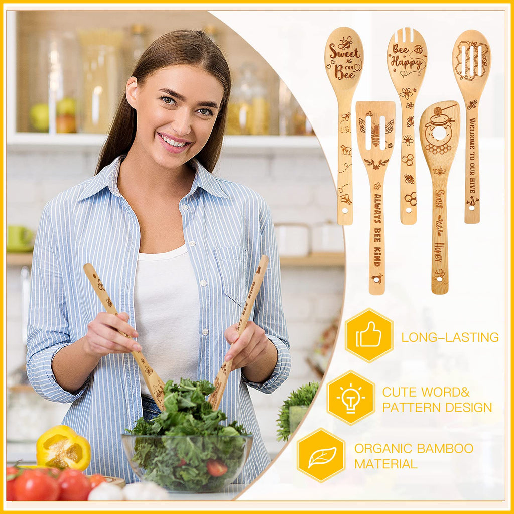 Minatee 7 Pcs Bee Kitchen Decor Set, Including 2 Pcs Bee Kitchen Towels And 5 Pcs Cute Bee Wooden Spoons Rustic Bamboo Utensils