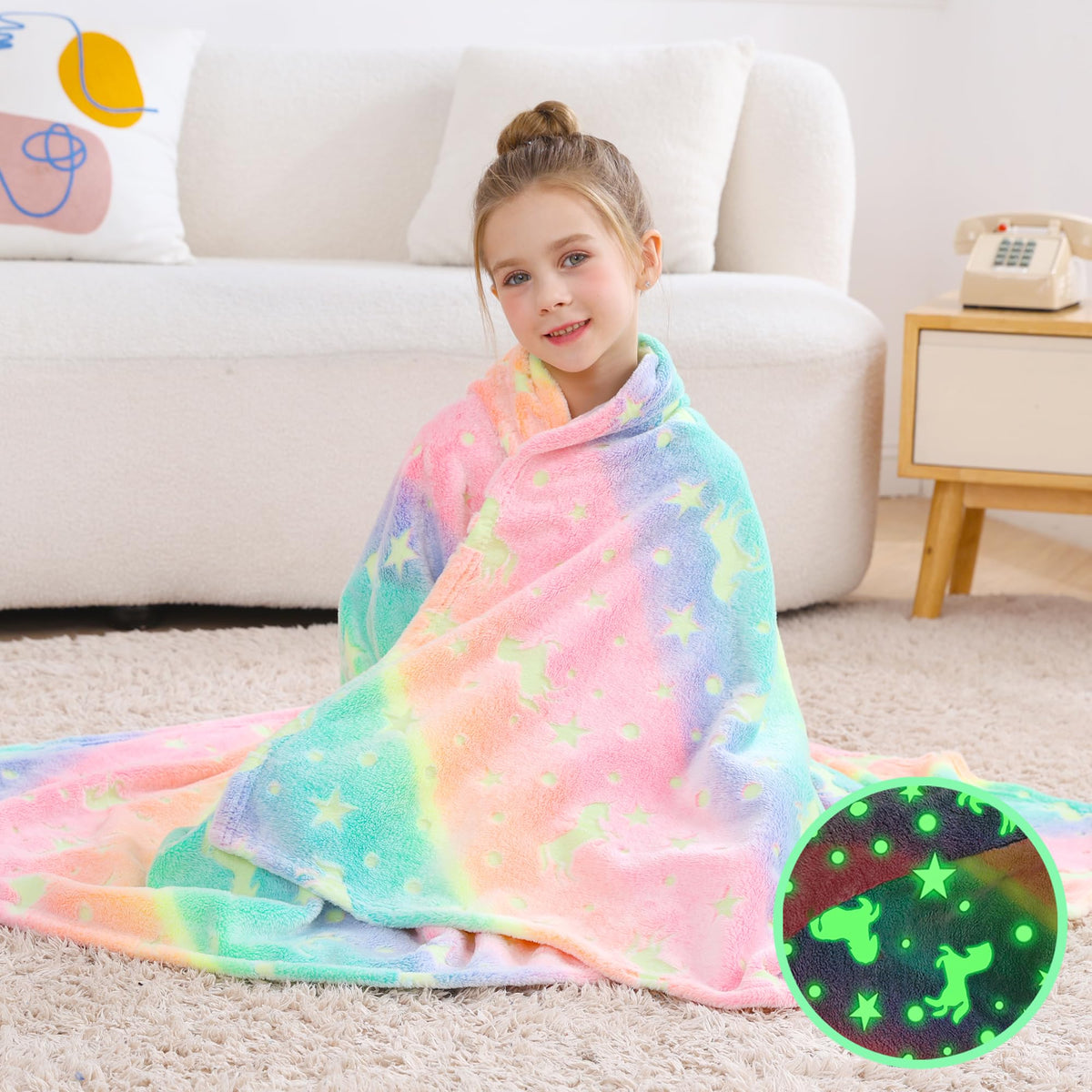 Softan Kids Unicorns Throw Blanket Glow In The Dark, Kids Blanket Gifts For Girls & Boys, Soft Cozy Flannel Luminous Unicorns Bl
