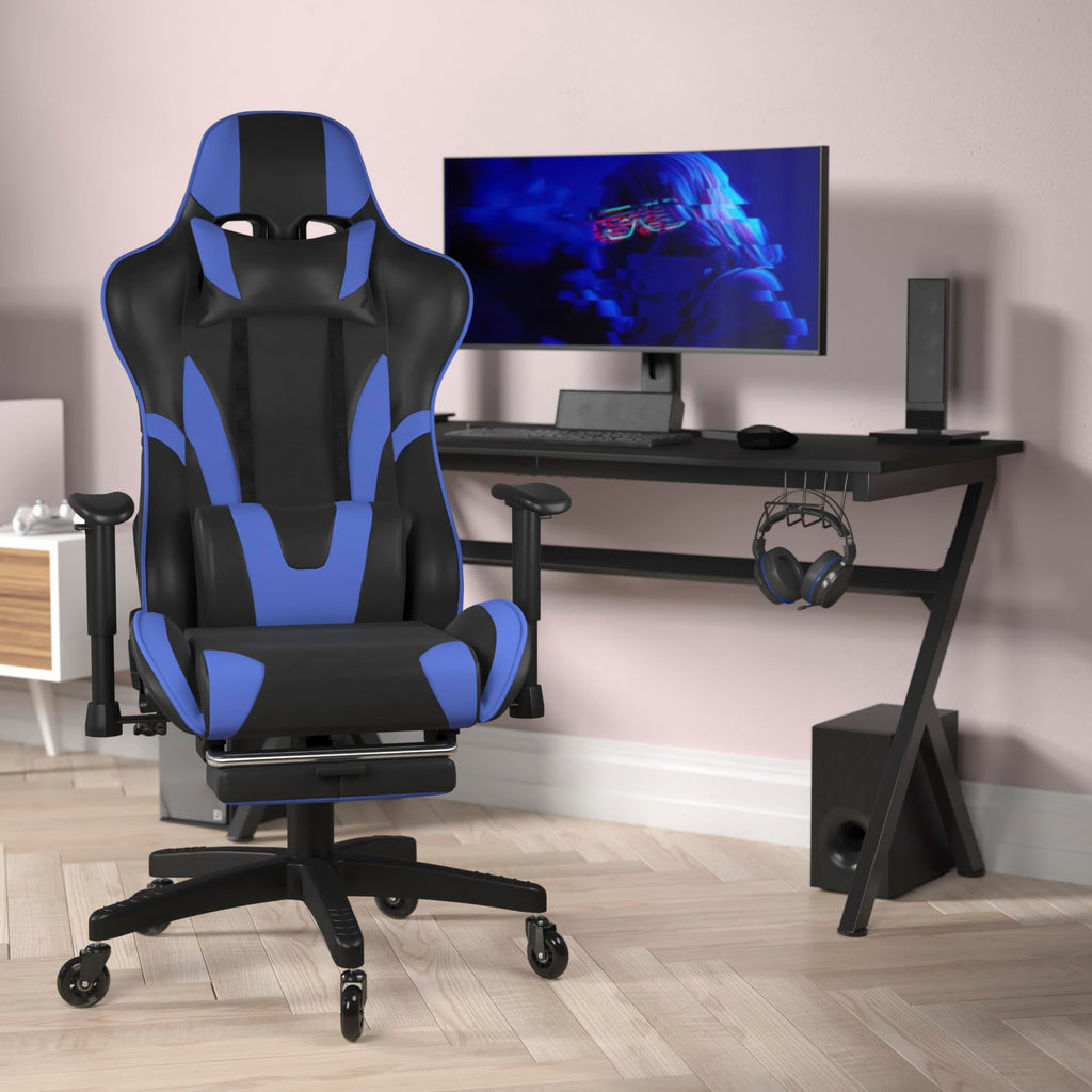 Flash Furniture X30 Gaming Chair Racing Computer Chair - Blue Leathersoft Upholstery - Reclining Back - Slide-Out Footrest - Roller Wheels