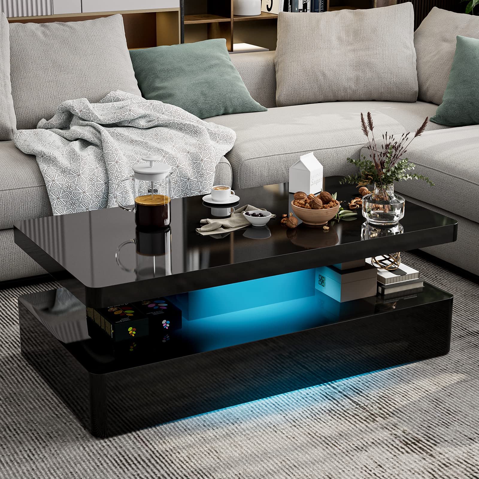 IKIFLY LED High Glossy Coffee Table, Modern Coffee Table for Living Room, 2 Tiers Rectangle Design Coffee Table with 16 Colors L