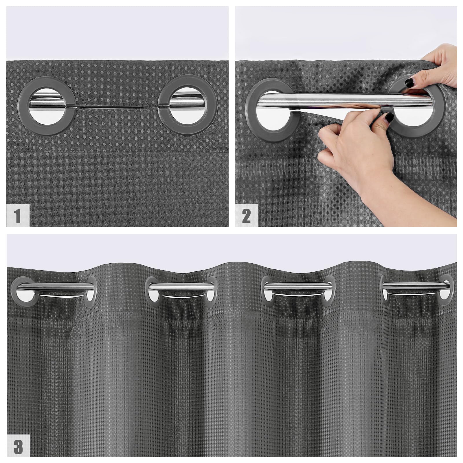 Mitovilla No Hooks Needed Extra Long Shower Curtain Set With Snap-In Liner, Grey 86 Inch Xl Heavyweight Waffle Fabric Cloth Show