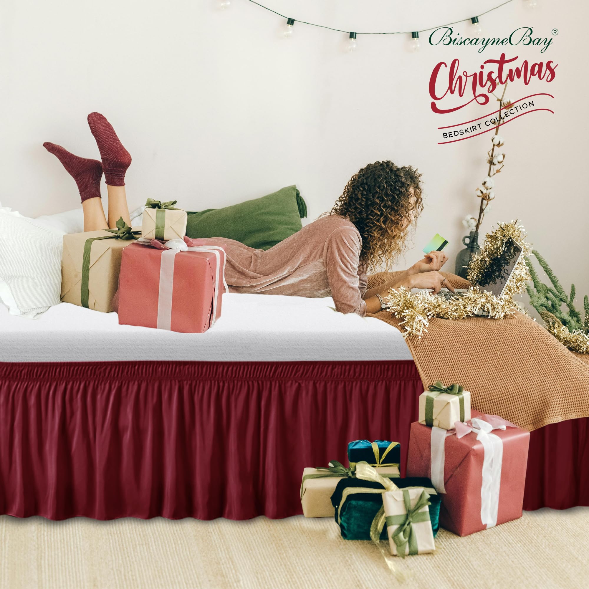 Biscaynebay Wrap Around Bed Skirts For King & Cal King Beds 16' Drop, Burgundy Adjustable Elastic Dust Ruffles Easy Fit Wrinkle & Fade Resistant Silky Luxurious Fabric Solid Machine Washable
