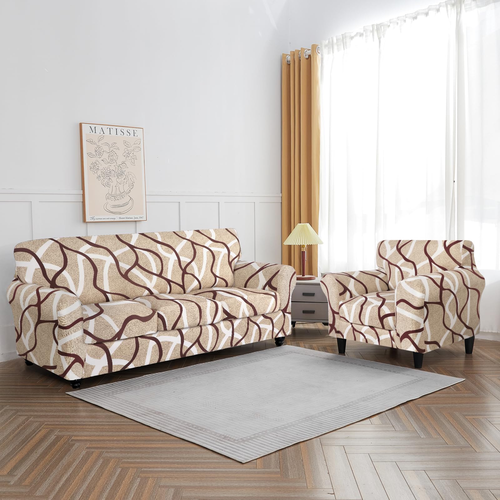 Searchi Stretch Sofa Cover Printed Couch Covers, Floral Pattern 2 Piece Armchair Slipcover With Separate Chair Cushion Cover, Washable Furniture Protector For Living Room(Armchair, Khaki)