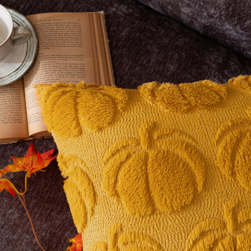 Cosibono Pumpkin Fall Decorative Throw Pillow Covers 12'X20', Set Of 2 Mustard Yellow Soft Faux Fur Pillow Covers For Autumn H