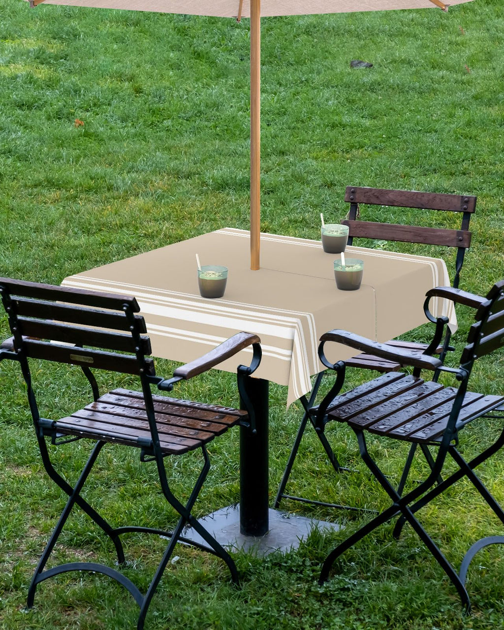 Queenker Outdoor Tablecloth With Umbrella Hole, Khaki And White Stripe Square Tables Waterproof Tabletop Collection For Patio, G
