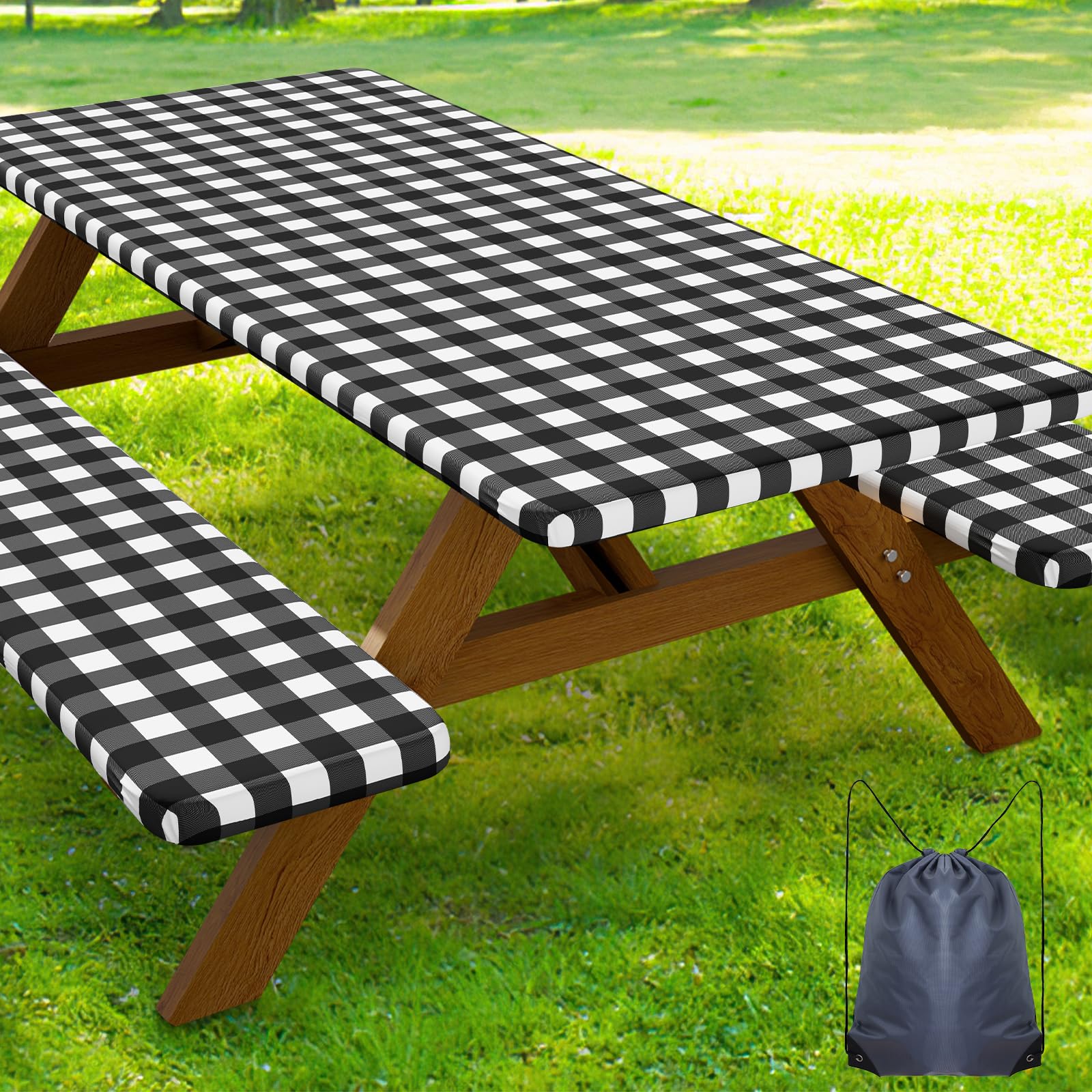 Smiry Picnic Table Cover with Bench Covers, Waterproof Elastic Fitted Tablecloths for 6 Foot Rectangle Tables, Washable Buffalo 