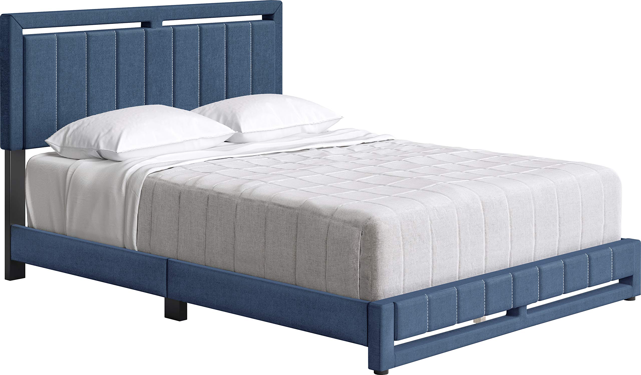 Boyd Sleep Beaumont Upholstered Platform Bed with Headboard, Mattress Foundation with Strong 14 Wood Slat Supports, No Box Spring Required, Blue Linen, Size Queen