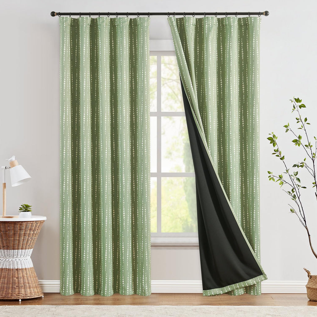 Jinchan 100% Blackout Boho Curtains Moon Phases Printed Bedroom Curtains 90 Inches Long Sage Green Drapes Rod Pocket Back Tab Thermal Insulated Curtains For Nursery Window Drapes Curtain Set 2 Panels