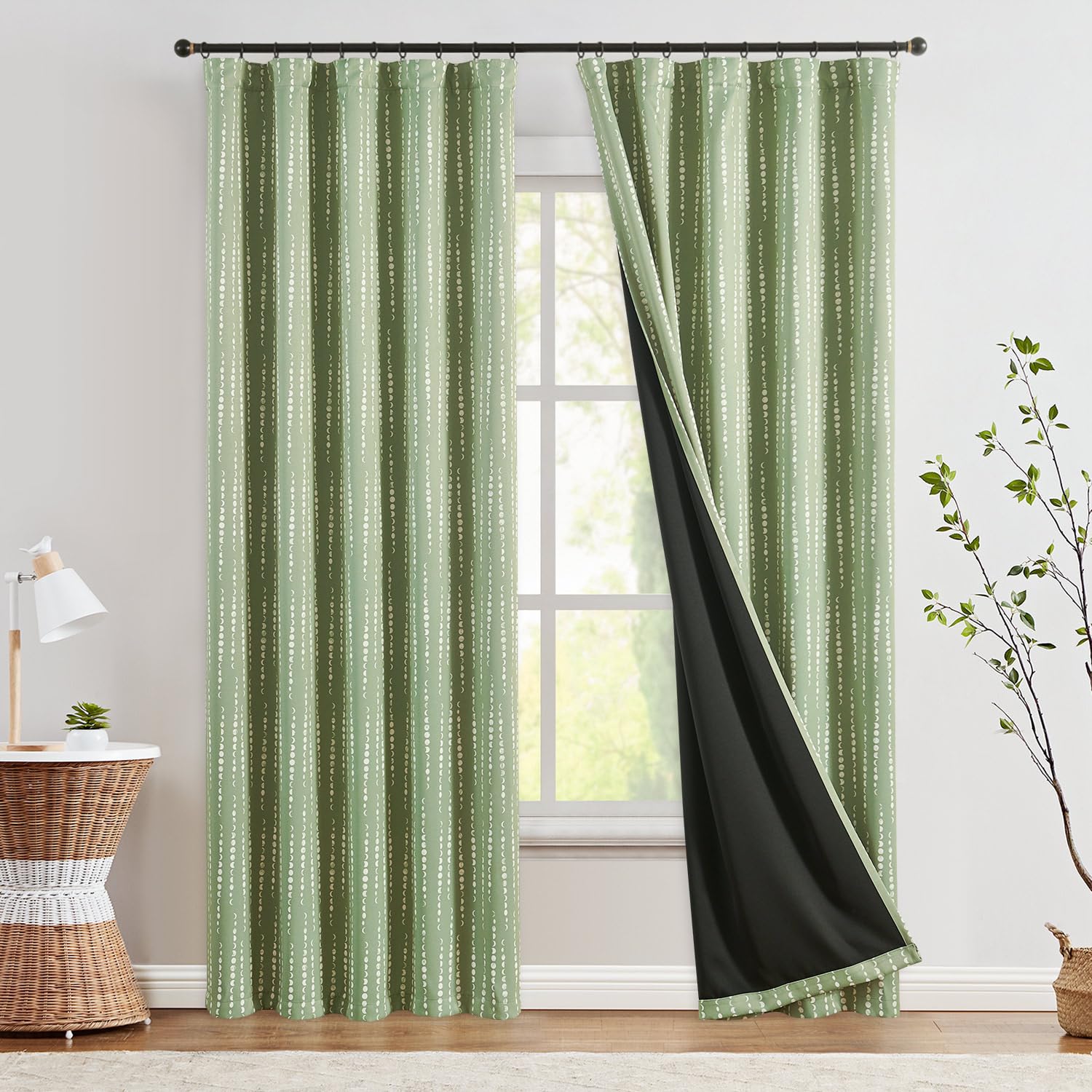 Jinchan 100% Blackout Boho Curtains Moon Phases Printed Bedroom Curtains 90 Inches Long Sage Green Drapes Rod Pocket Back Tab Thermal Insulated Curtains For Nursery Window Drapes Curtain Set 2 Panels