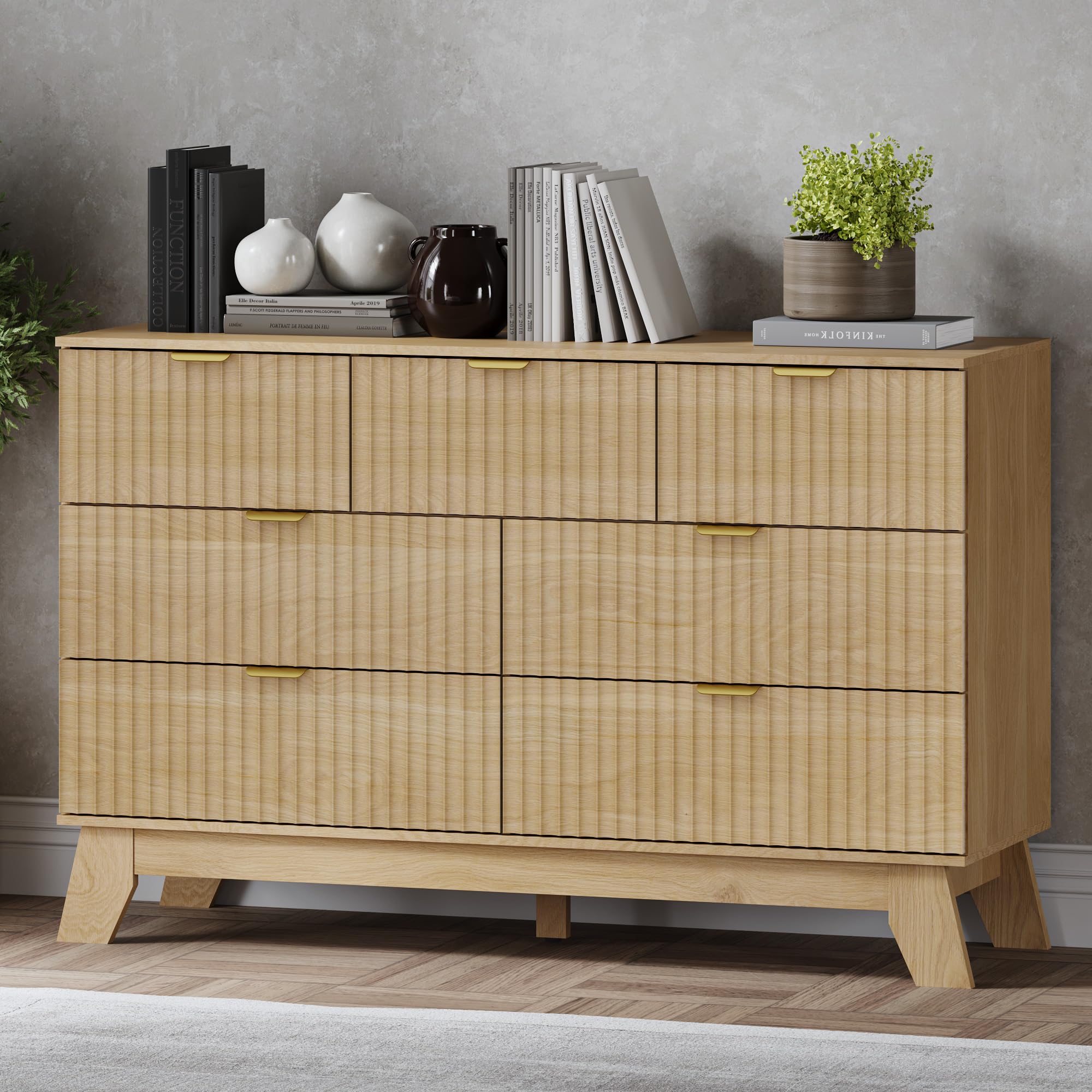 BORNOON Fluted 7 Drawer Dresser, 47.2  Wide Modern Boho Chest of Drawers, Wooden Storage Dresser TV Stand for Bedroom, Living Ro
