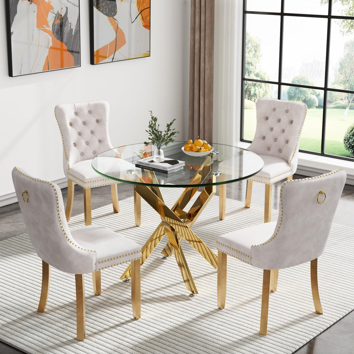 Kuvadaz 36' Modern Gold Glass Dining Room Table Set For 4, 5-Piece Round Kitchen Dining Table Set With Cross Metal Legs And 4 B