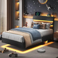 Feonase Floating Bed Frame Queen Size with Led Lights and Charging Station, Wood Queen Bed Frame with Storage Headboard, Heavy D