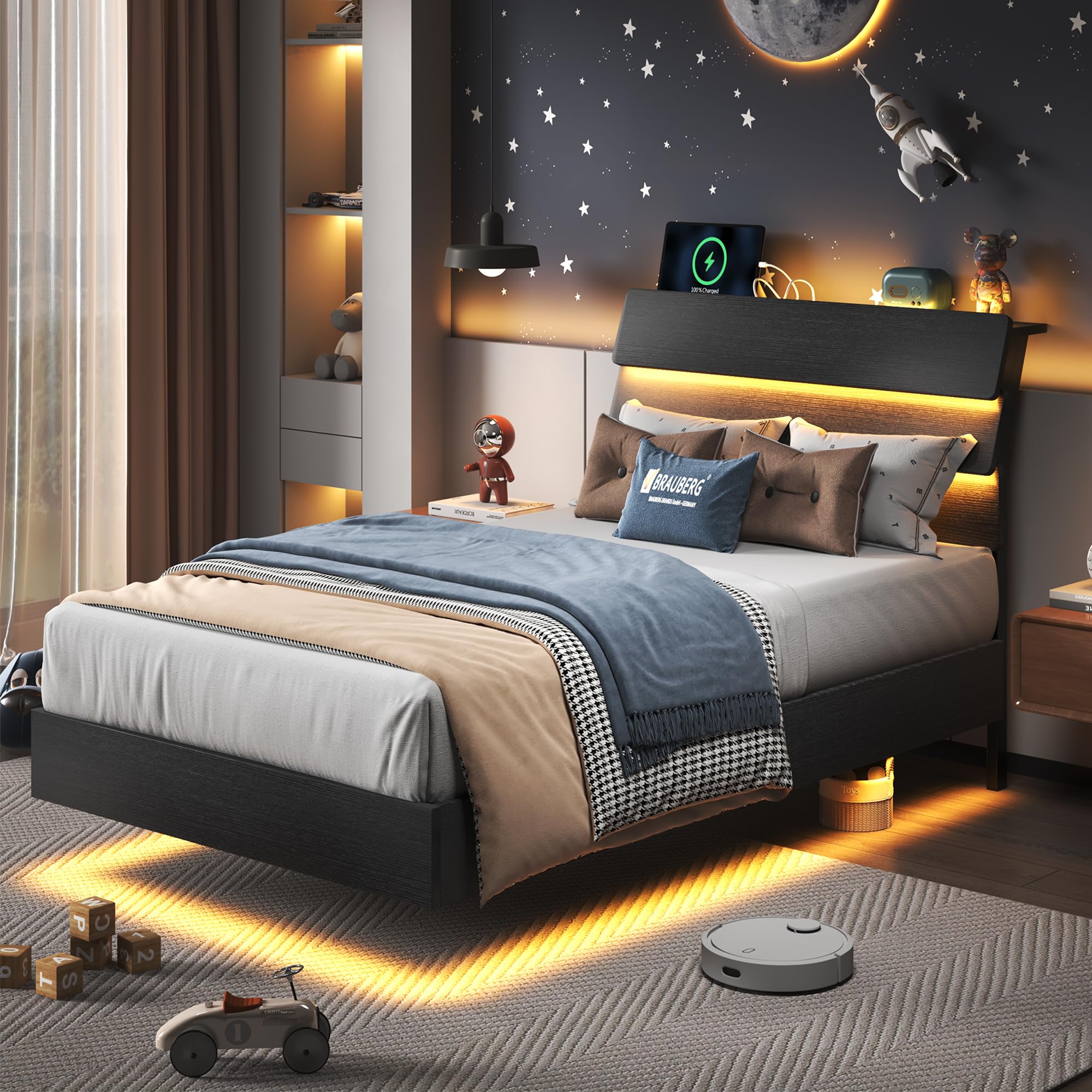 Feonase Floating Bed Frame Queen Size with Led Lights and Charging Station, Wood Queen Bed Frame with Storage Headboard, Heavy D