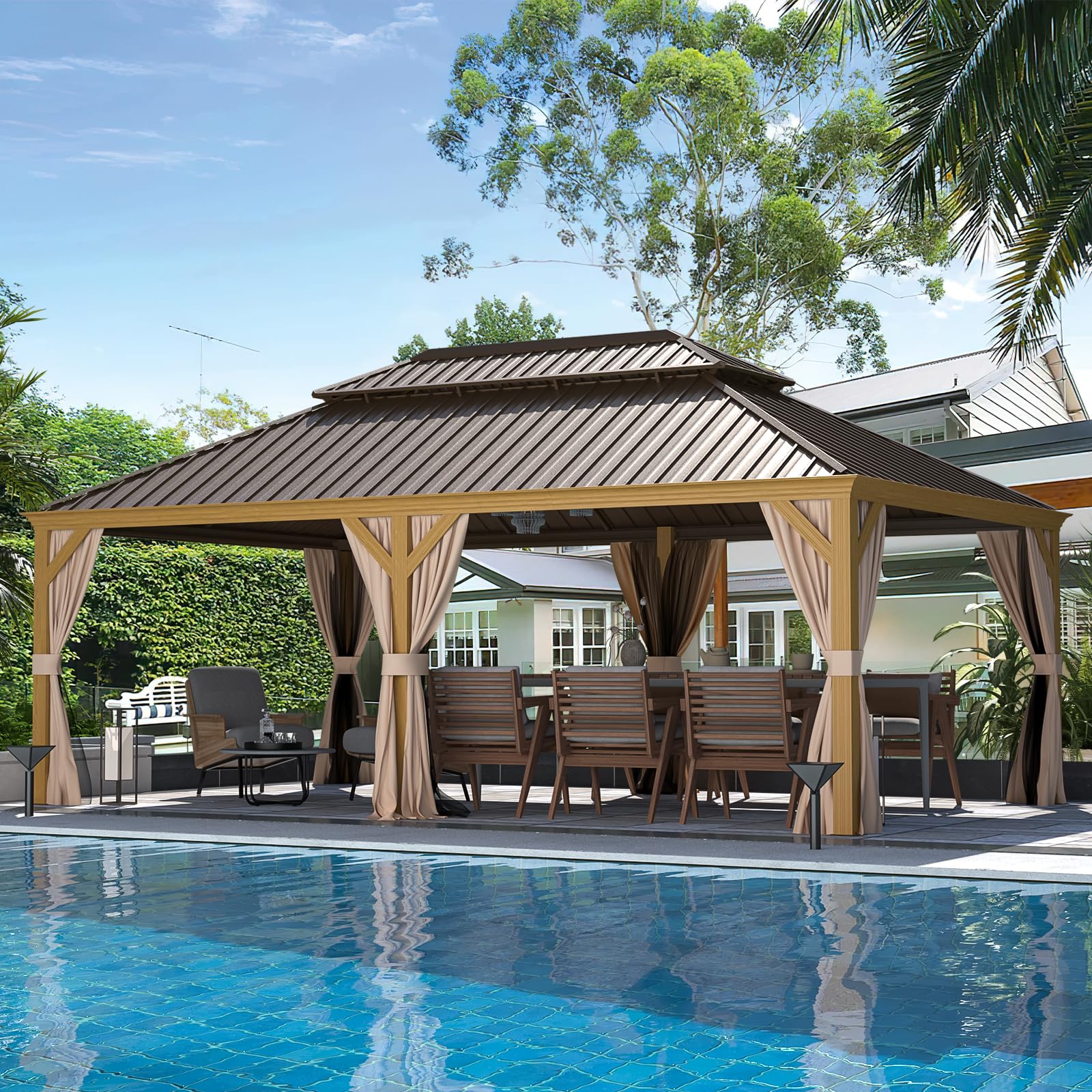 Yoleny 12' X 22' Gazebo, Hardtop Gazebo Wood-Looking Gazebo With Galvanized Steel Double Roof, Aluminum Frame, Outdoor Patio Har