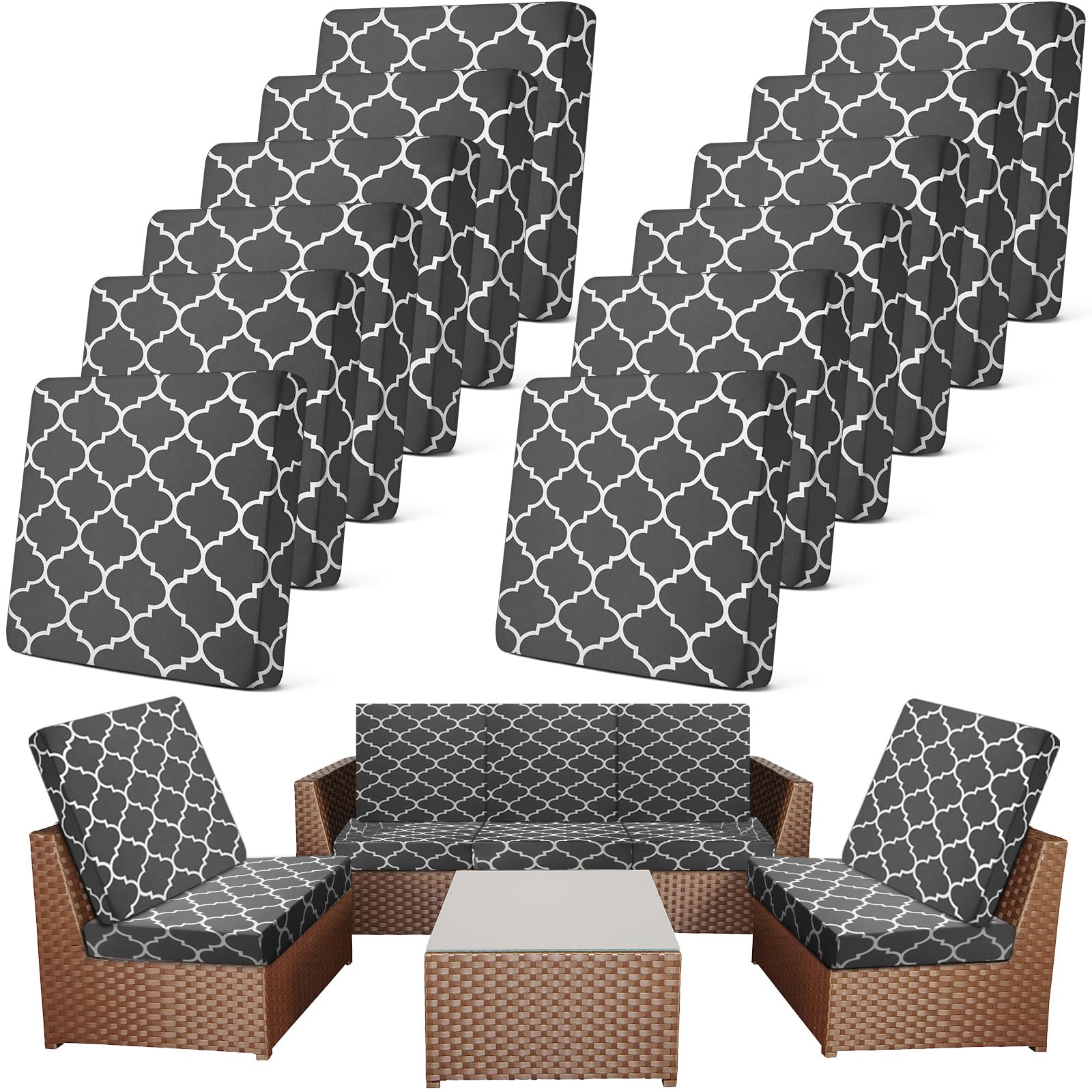 Newwiee 12 Pcs Patio Stretch Sofa Cushion Covers Outdoor Cushion Cover Replacement Couch Slipcover Sofa Seat Cover Flexibility Chair Cushion Cover Porch Patio Furniture Protector (Dark Gray,Plaid)