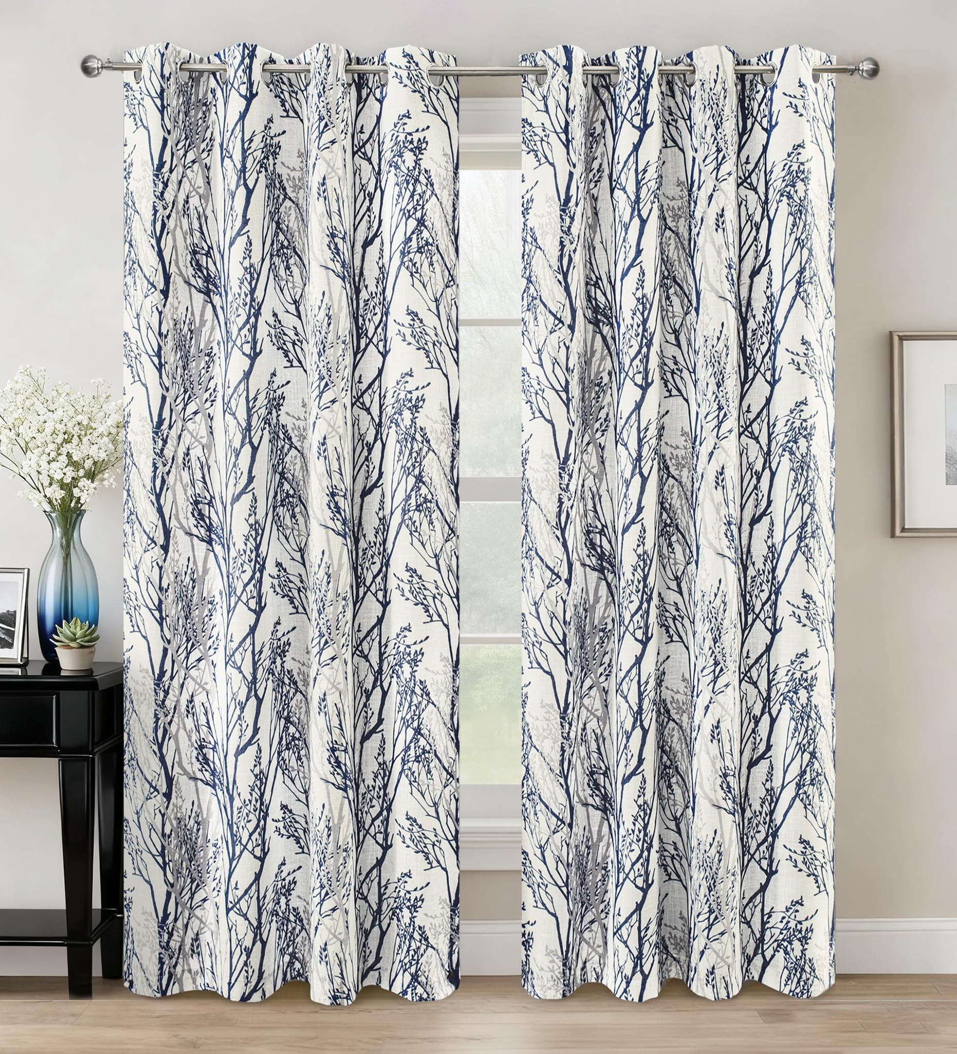 Driftaway Blue White Linen Blend Tree Branch Blackout Curtains For Bedroom 84' Long Blue Branch Lined Window Treatment Thermal