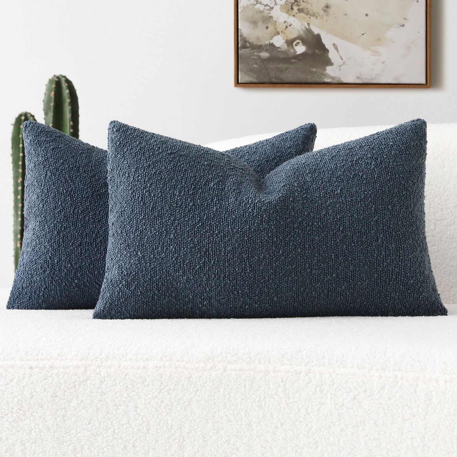 Futei Pack Of 2 Haze Blue Boucle Accent Decorative Throw Pillow Covers,26X26 Inch Soft Solid Textured Euro Pillow Shams,Home Dec