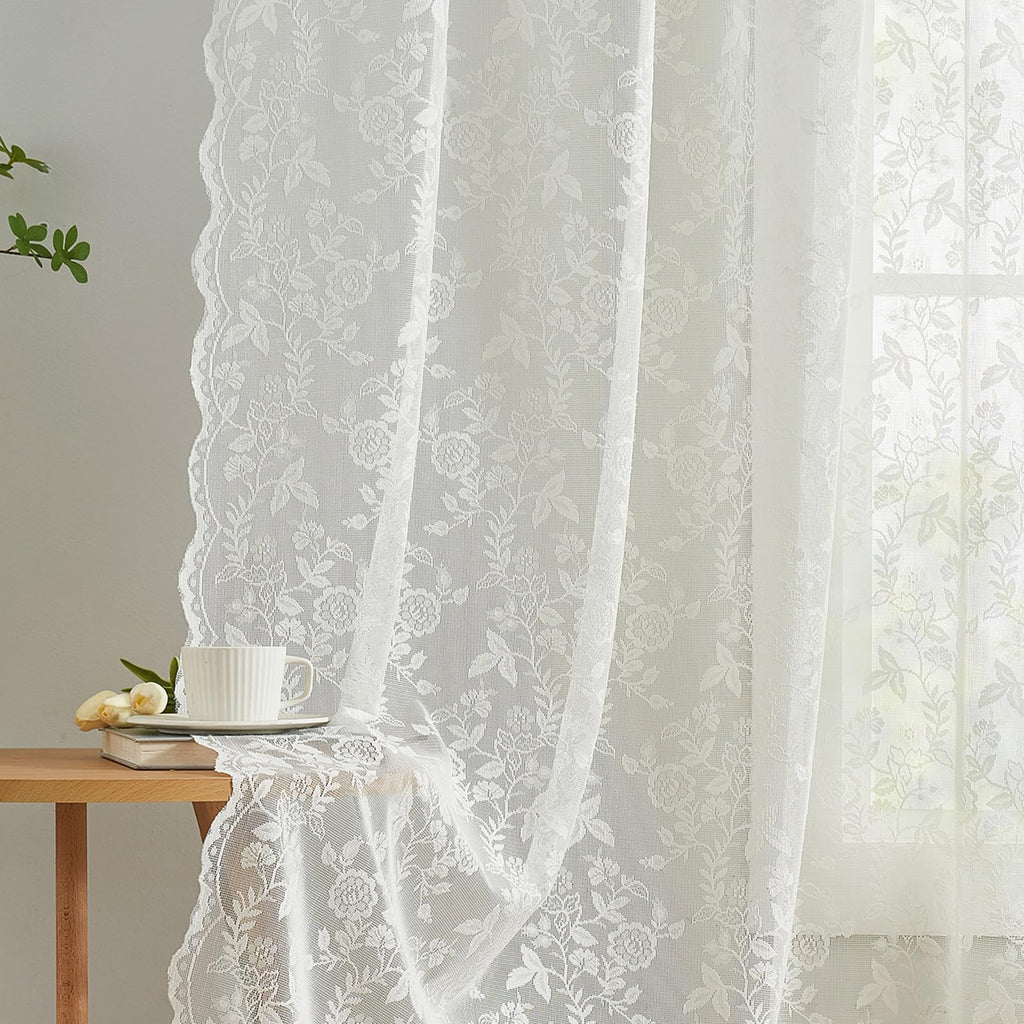 FINECITY Lace Curtains 90 Inches Long for Living Room, Rustic Leaf Floral Design Lace Curtain Panels, Rod Pocket Vintage Privacy