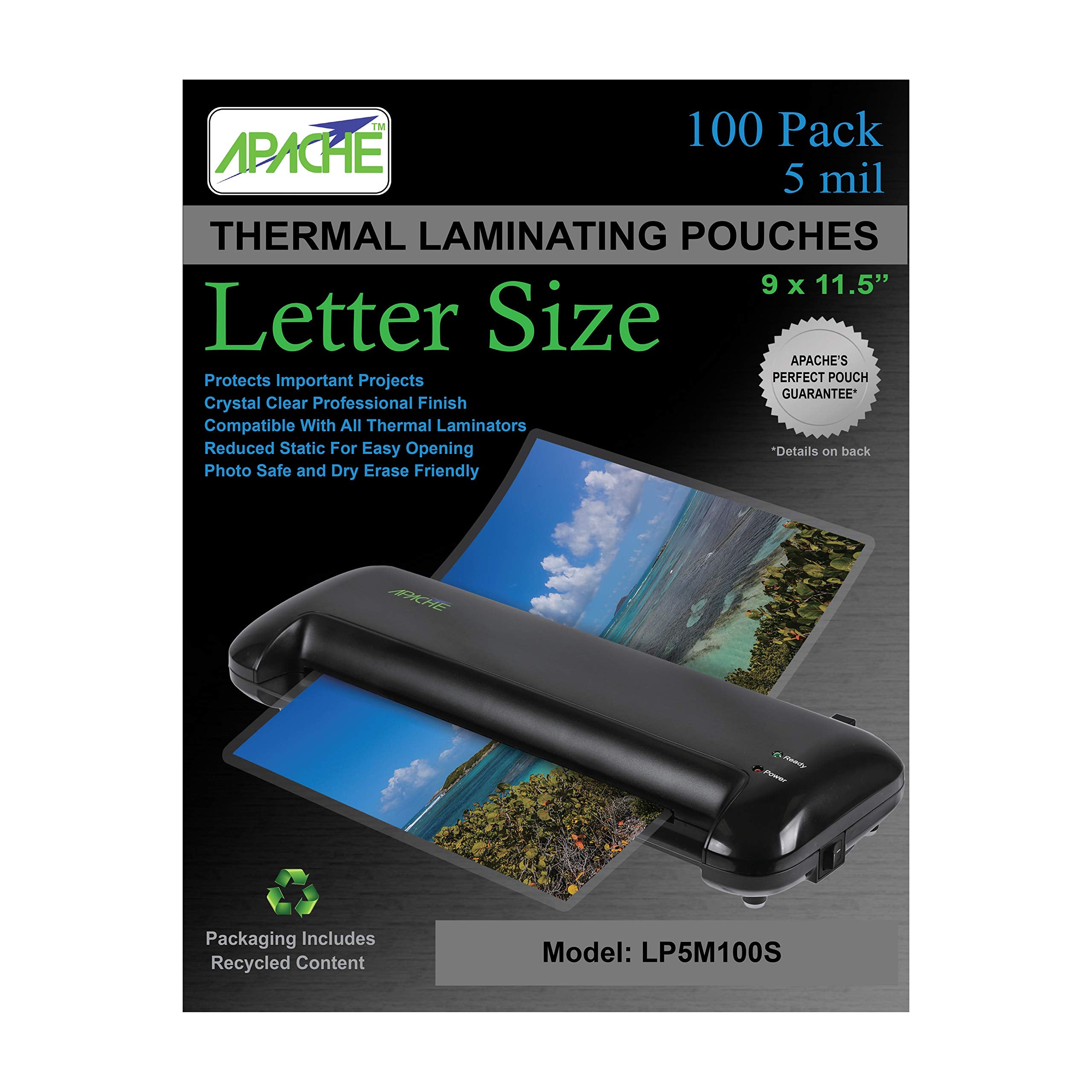 Apache Laminating Pouches 5 Mil, For 8.5 X 11 Inch Letter Size Paper 9 X 11.5 Inch Sheets, 100 Pack