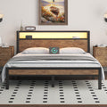 Queen Size Bed Frame with Storage Headboard, Industrial Platform Bed with Charging Station and LED Lights, Heavy Duty Metal Slat