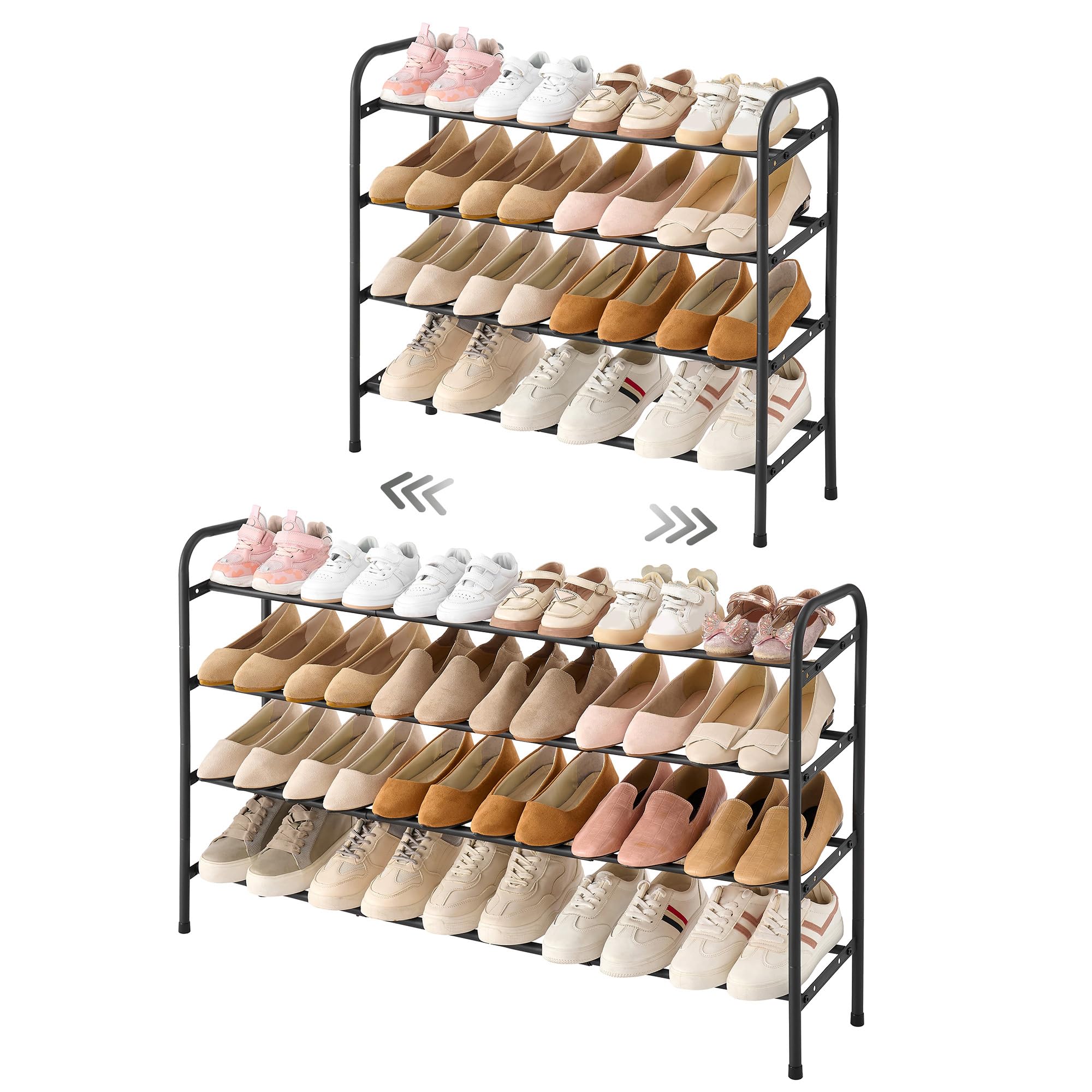 Gewudraw 4-Tier Shoe Rack Expandable, Width Adjustable Shoe Shelf Storage Organizer, 41.53'' Metal Standing Shoe Rack For Bedroom Entryway Closet, Holds Up To 24 Pairs Shoes, Black