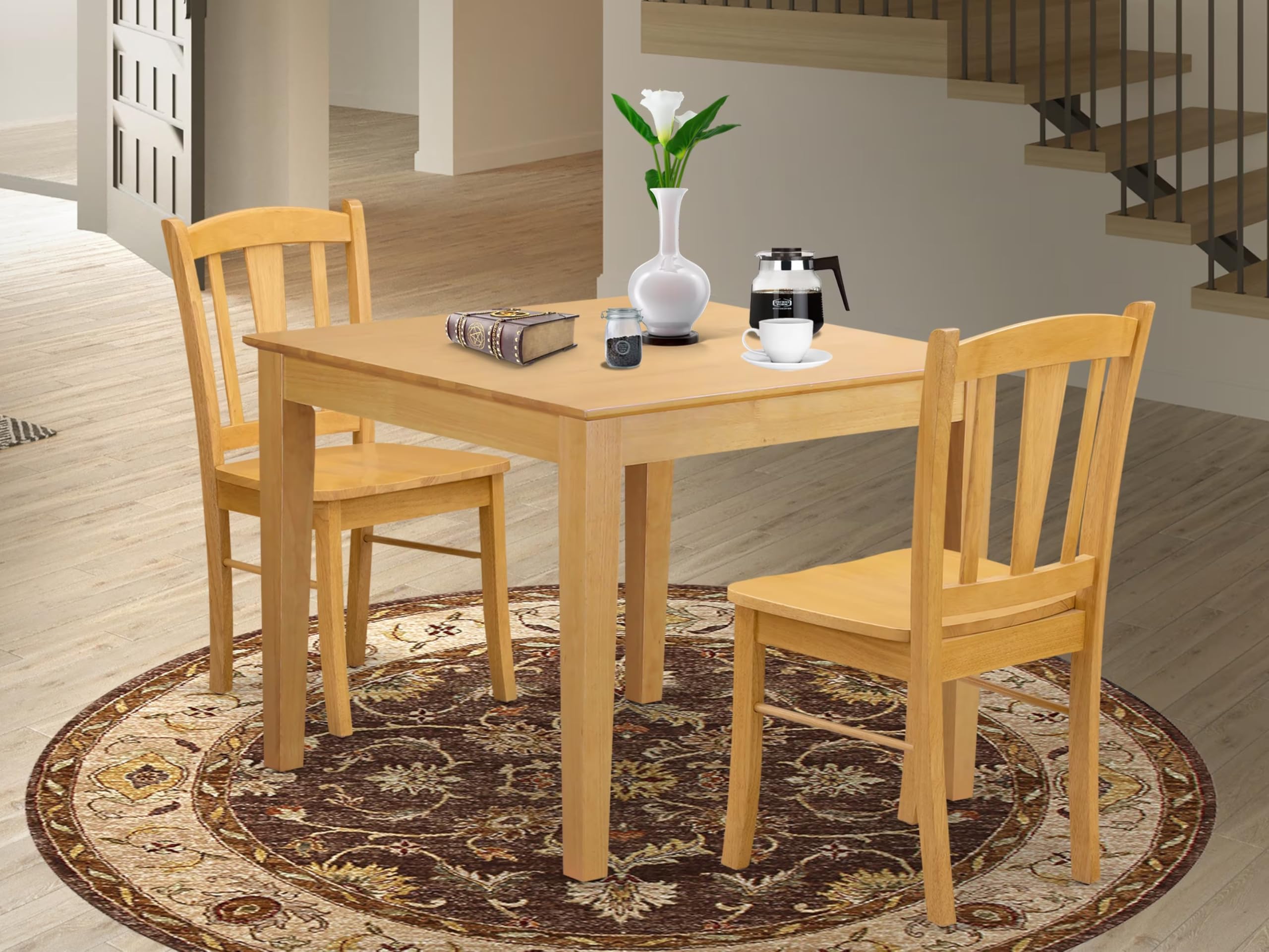 East West Furniture OXDL3-OAK-W 3 Piece Kitchen Table Set Includes a Square Dining Table and 2 Dining Room Chairs, 36x36 Inch, Oak