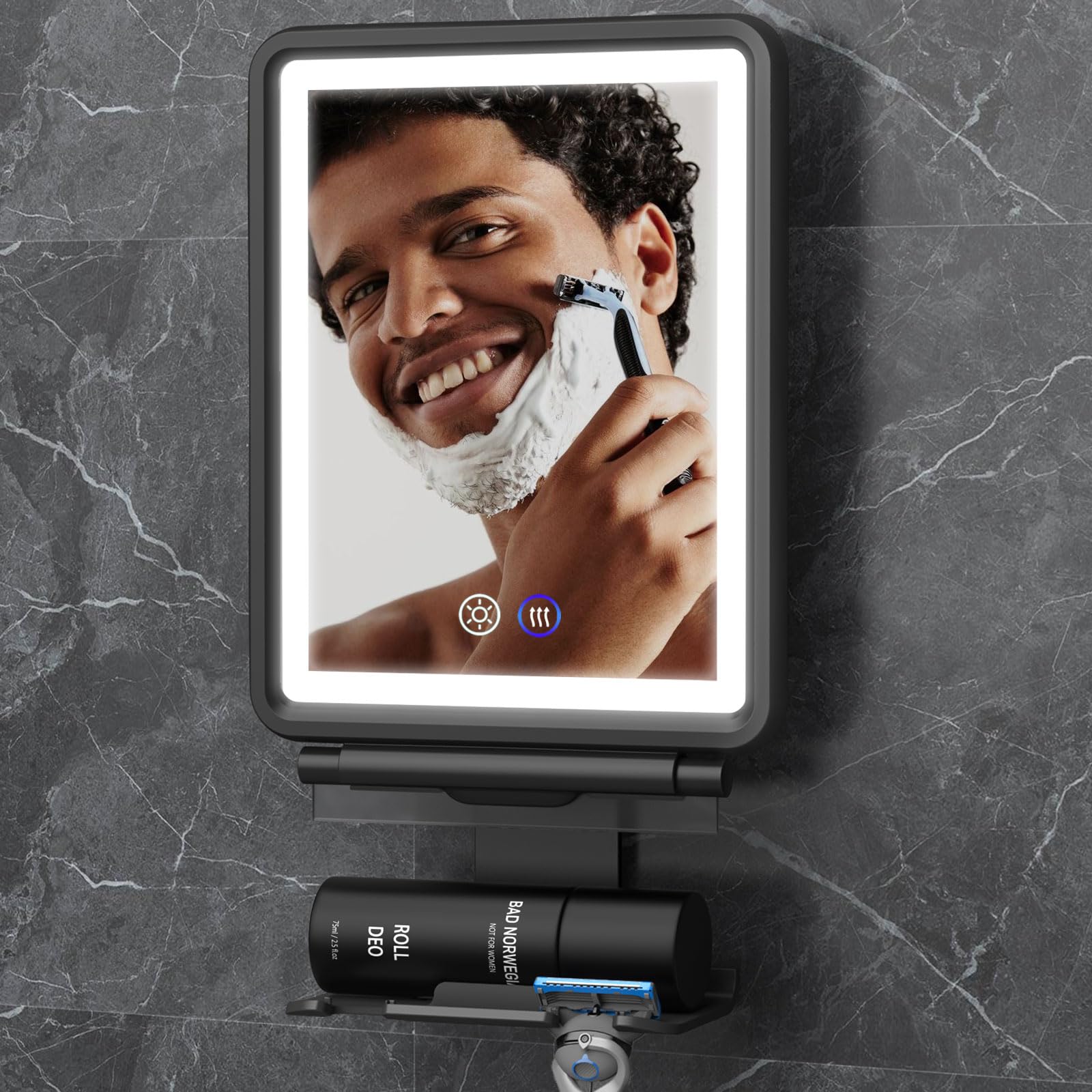 Heated Shower Mirror Fogless for Shaving, 3 Colors Stepless Dimmable Lights Fogless Mirror for Shower, Rechargeable Anti Fog Sha