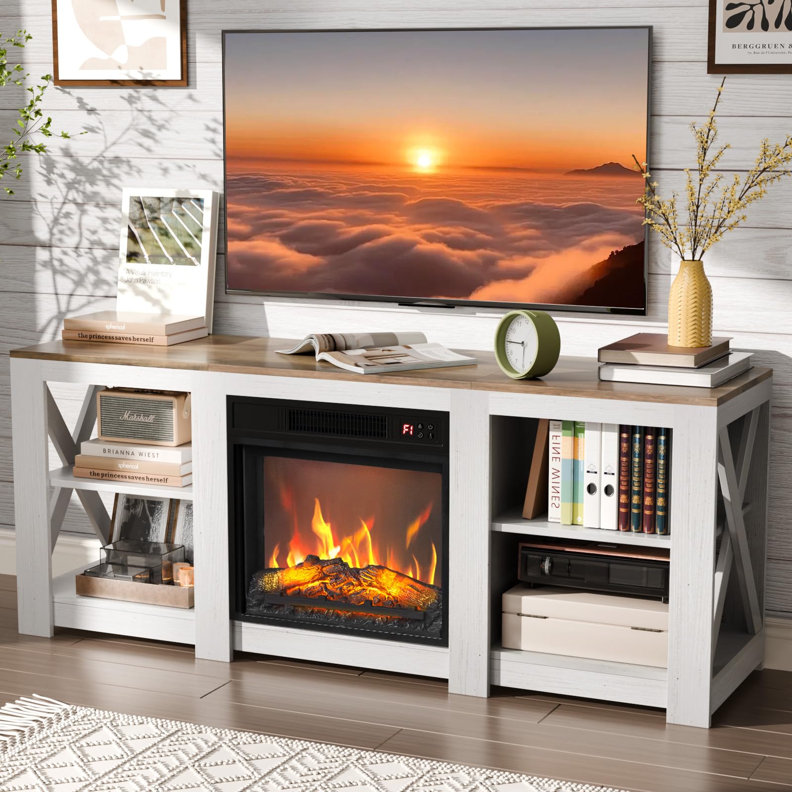 VINGLI Fireplace TV Stand up to 70 inch TVs, Farmhouse Entertainment Center with Electric Fireplace Heater & Adjustable Shelves,