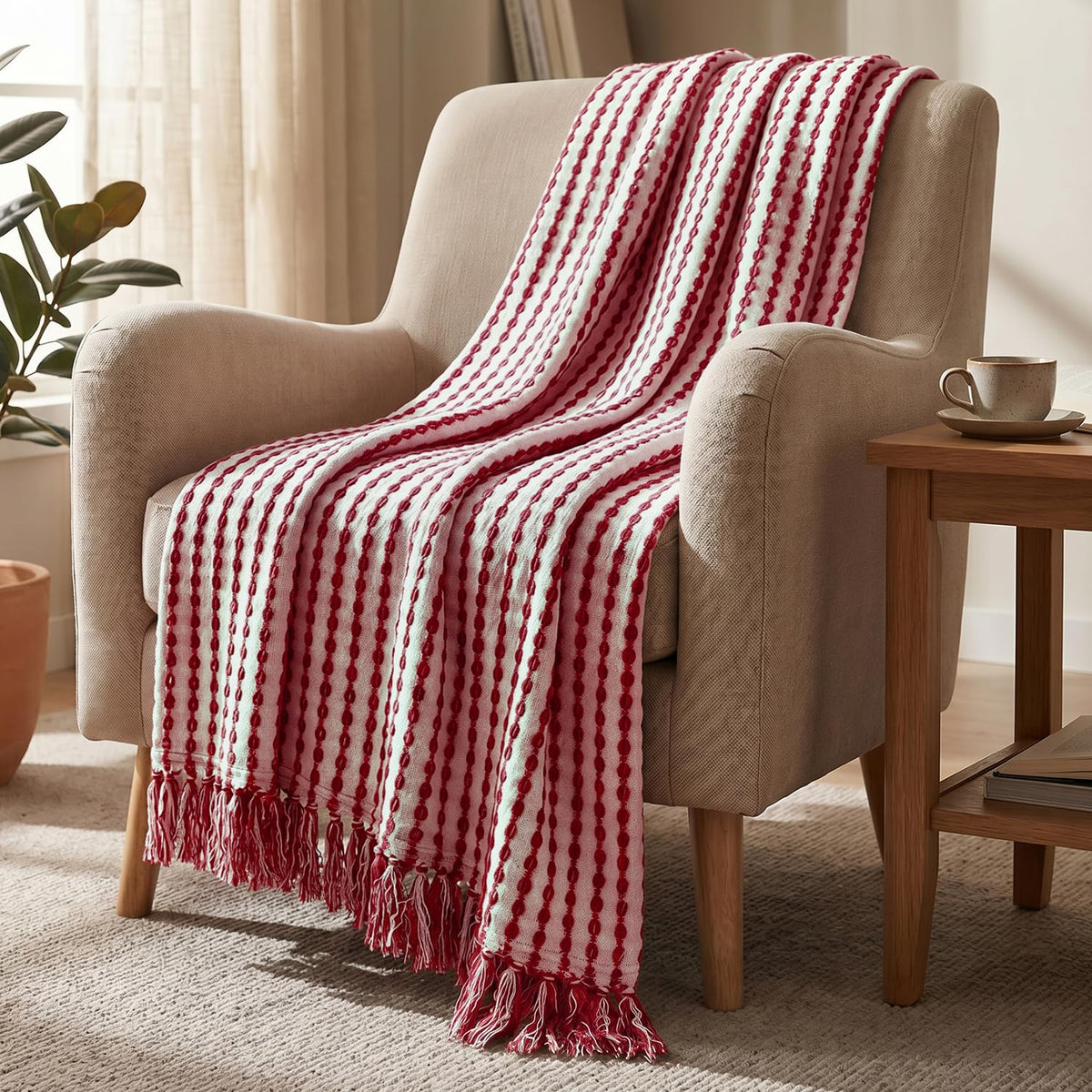 HOKIPO Scarlet Red Weaved Cotton Sofa Throw 50X60 Inches, Decorative Blanket for Sofa, Bed, Living Room & Chair, Willow Breeze