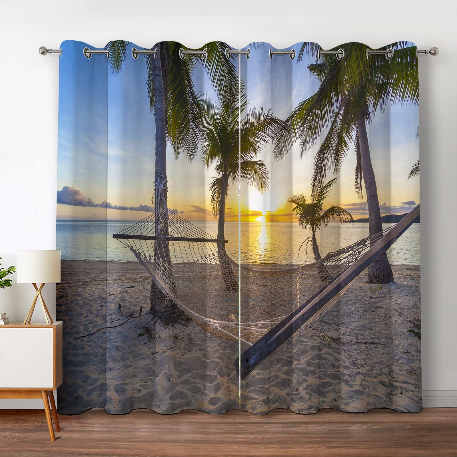 Jekeno Ocean Palm Trees Blackout Curtains Beach Sky Sunshine Seascape Decor for Bedroom Living Room Grommet Window Drapes 2 Pane