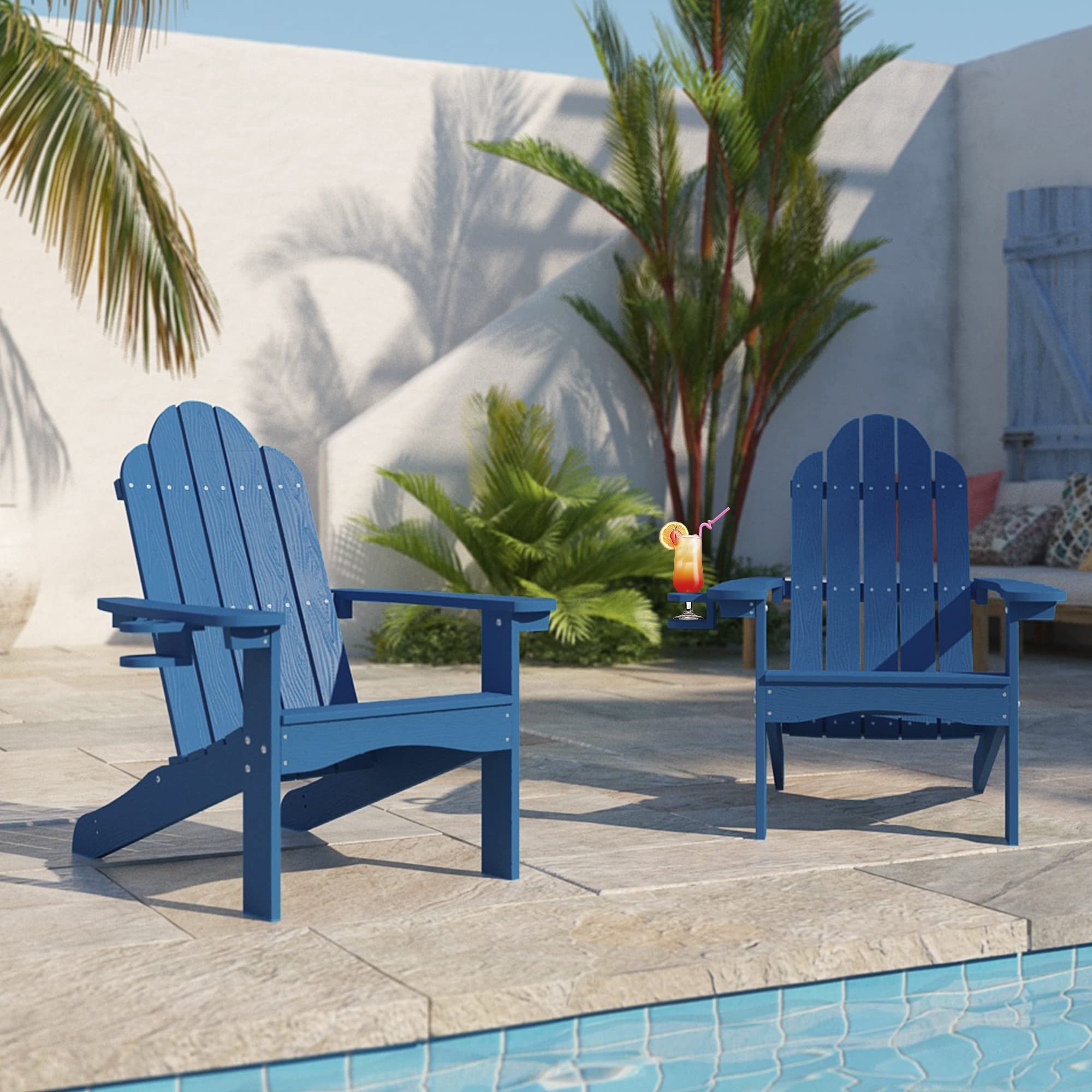 Lue Bona Adirondack Chairs Set Of 2, Navy Blue Poly Adirondack Chairs With Cup Holder, 350Lbs Modern Adirondack Chair Weather Resistant, Outdoor Patio Chair For Fire Pit, Patio, Law, Balcony, Backyard
