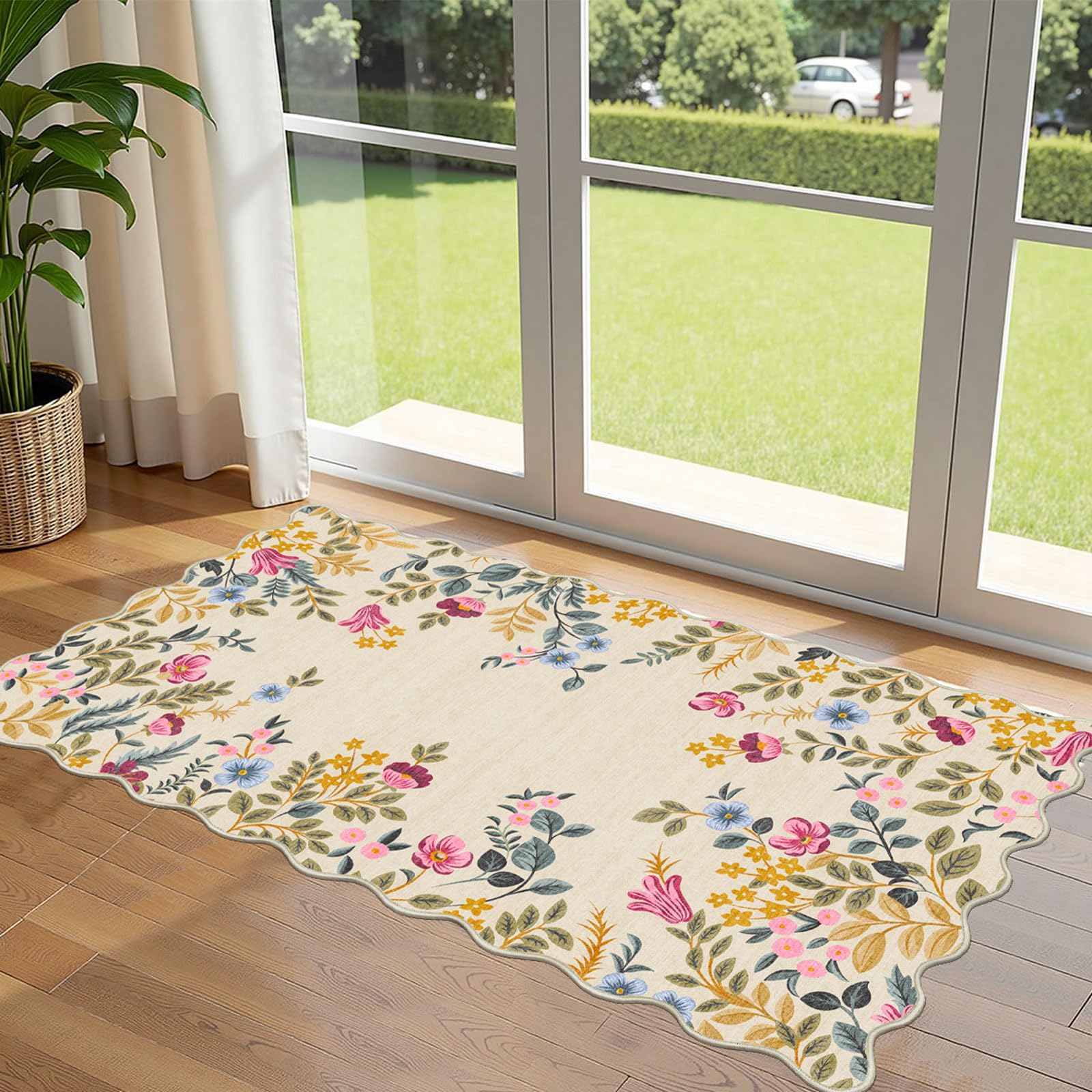Othilic Front Door Mat Indoor Entrance - 2x4.3 Beige Colorful Floral Washable Layered Doormat Outdoor Entrance Porch Rug Non-Sli
